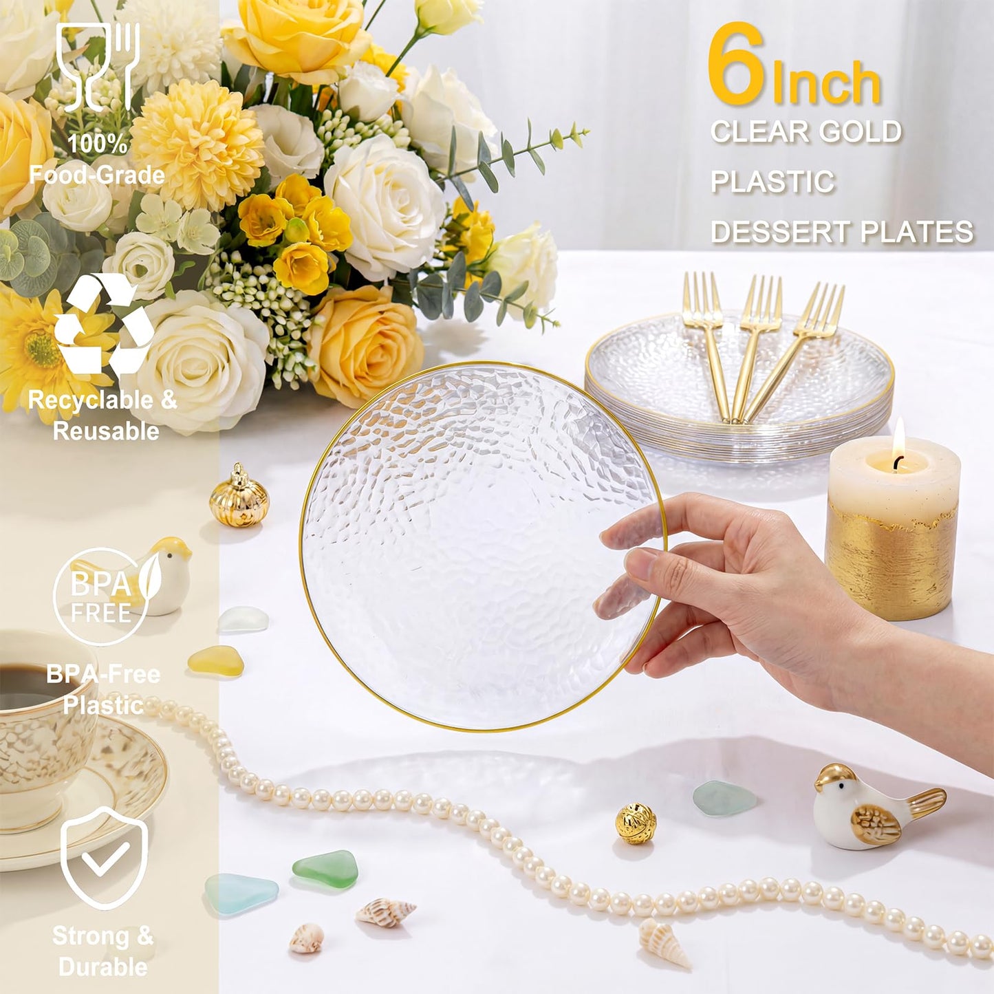 Rubtlamp 200 Pcs Clear Gold Dessert Plates with Forks, 6 inch Hammered Gold Small Disposable Plates, Fancy Appetizer Platos Include 100 Cake Plate,6 inch 100 gold Forks for Birthday, Wedding, Teatime
