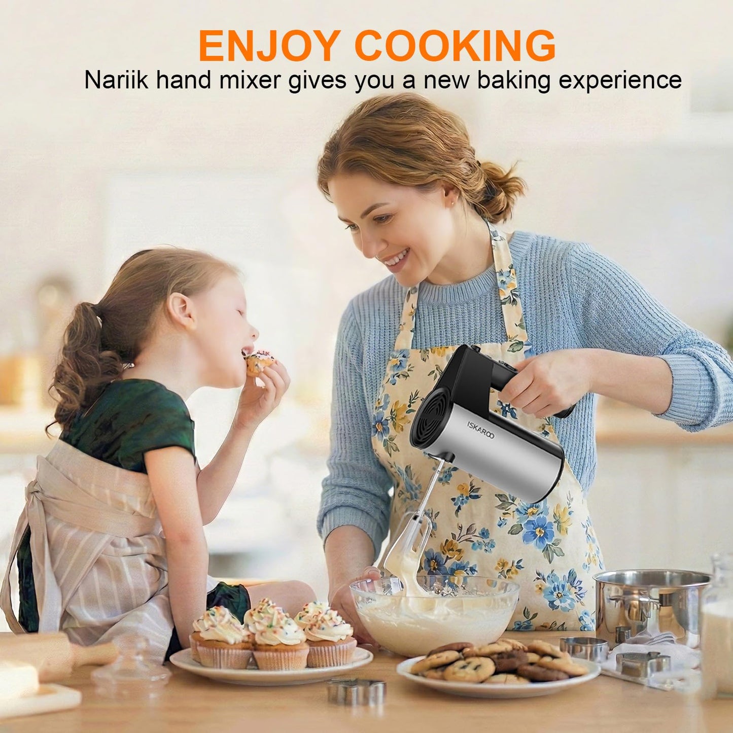 Electric Hand Mixer, Kitchen Handheld Mixer, Turbo Boost/Self-Control Speed + 5 Speed + Eject Button + Stainless Steel Hand Beaters*2 & Dough Hooks*2, Small Mixer for Cream/Cookies/Dough