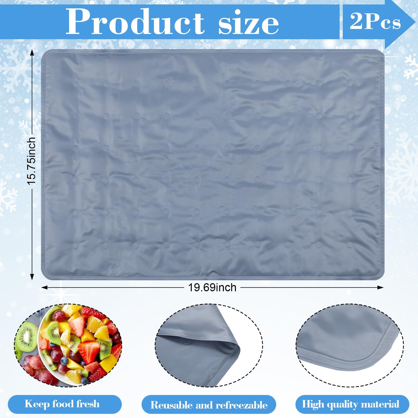 Reallnaive 2 Pcs Reusable Freezable Ice Mat for Buffet Table Chilled Serving Tray Party 19.69 x 15.75 Inches Charcuterie Cooler Cooling Trays for Food, Cheese(Gray)
