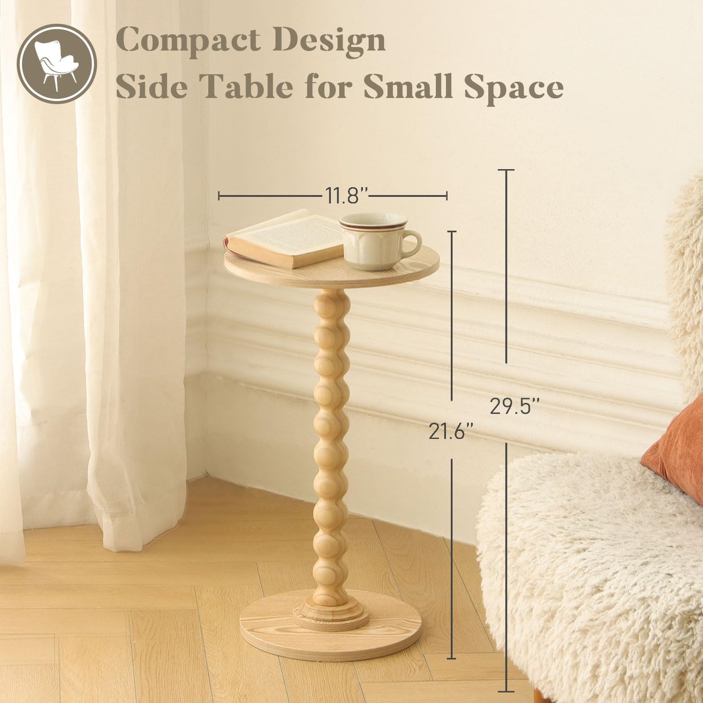 Fultyle Round Side Table, Small Drink Table for Small Spaces, Modern Accent End Table with Solid Wood Leg for Living Room, Bedroom, Corners, and Office (Natural)