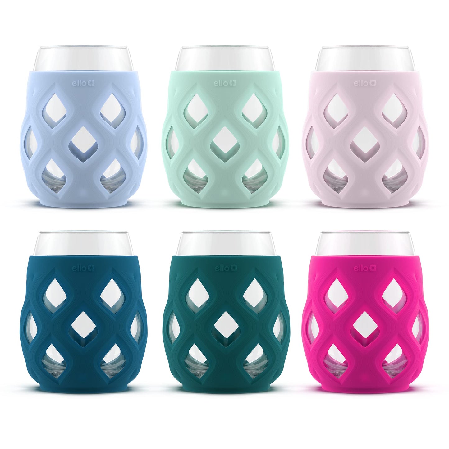 Ello Cru 17oz Stemless Wine Glass Set with Protective Silicone Sleeves, 6 Pack Cocktail Glass Perfect for Summer Patios and Parties Holiday Gifting Her Him Mother's Day, Dishwasher Safe, Berry Smash