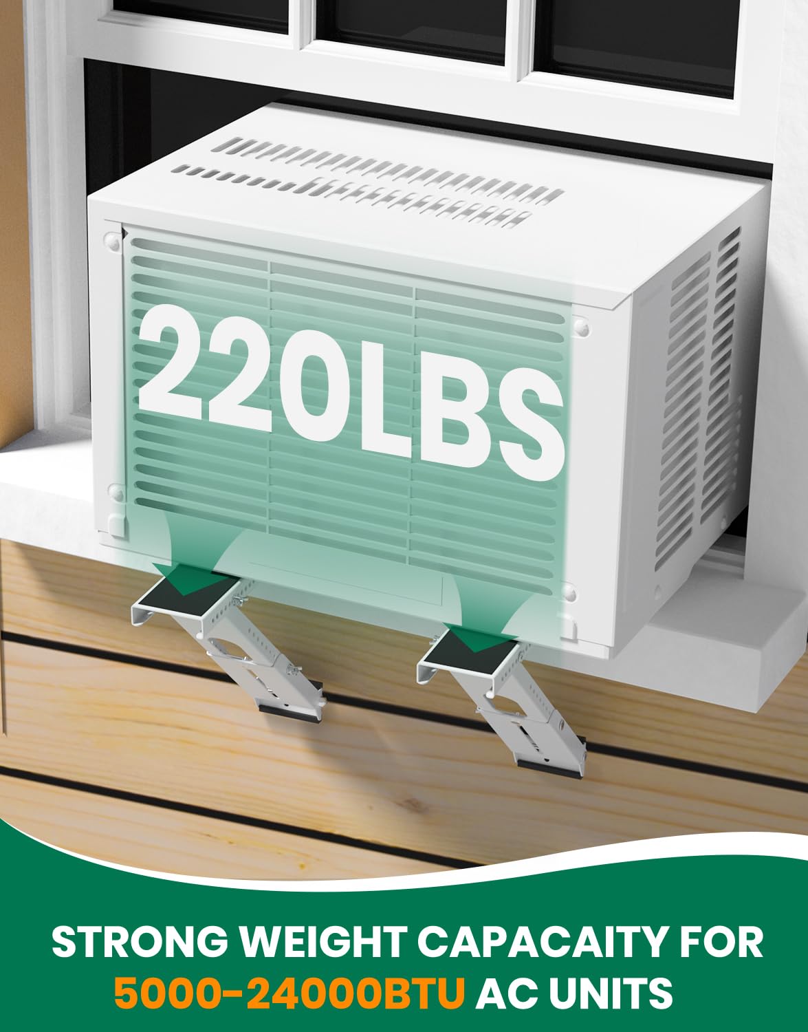 Plusluck Window Air Conditioner Support Bracket: Heavy Duty Window AC Bracket with 2 Arms, Up to 220 lbs - Universal Fit 5,000 to 24,000 BTU Window Units - Adjustable Crossbar Level Non-Slip Mat