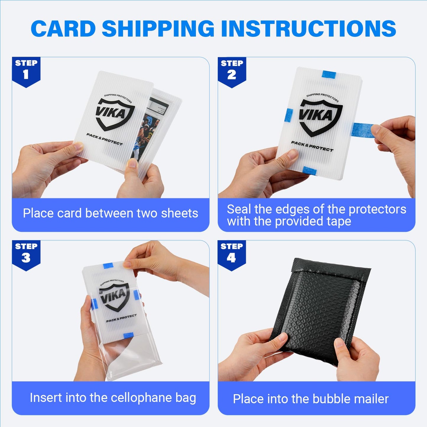 Trading Card Shipping Kit - 100 Pcs 4''x6'' Trading Card Shipping Protectors, 50 Pcs 6''x8.7'' Envelope Bubble Mailers, 20M Painter’s Tape, 50 Cellophane Bags, Fits PSA/BGS/CGC Slabs, Raw Cards