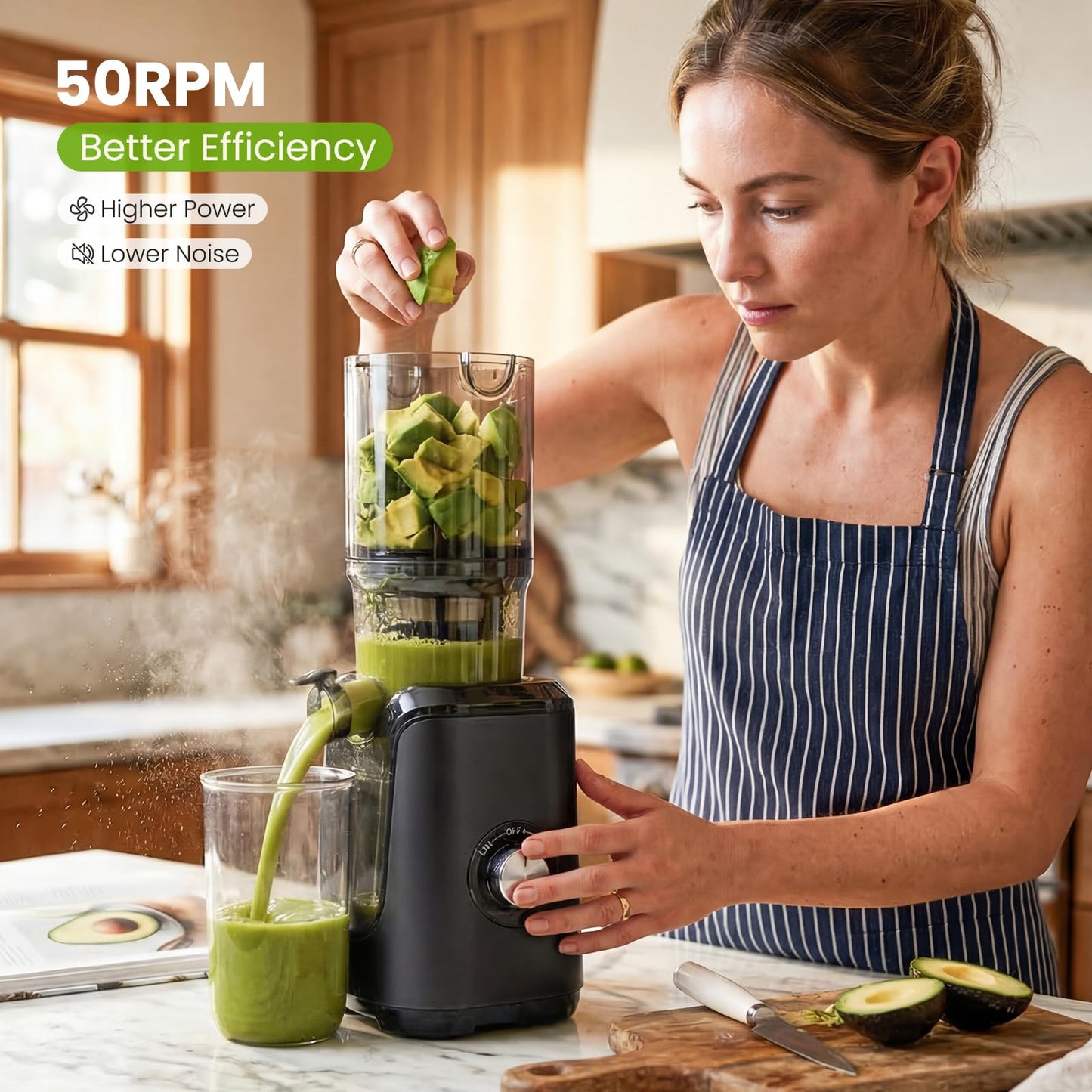 KMFurnila Slow Masticating Juicer Machines, Cold Press Juicer with Safety Lock & Reverse Function, 4.25" Feed Chute for Whole Fruits & Vegetables, High Juice Yield, Black
