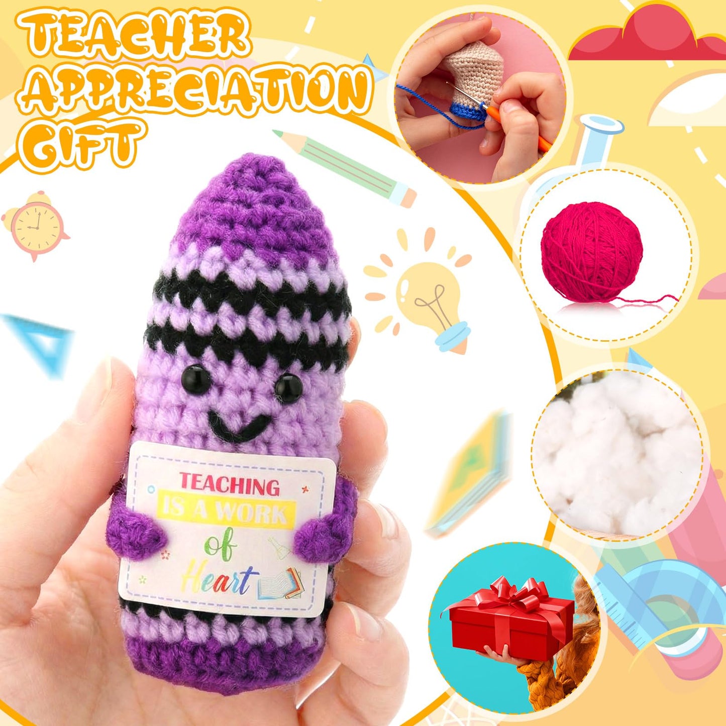 Juinte 6 Set Teacher Appreciation Gifts Crayon Crochet Dolls with Thank You Teacher Bracelet Presents for Graduation End of Year from Students