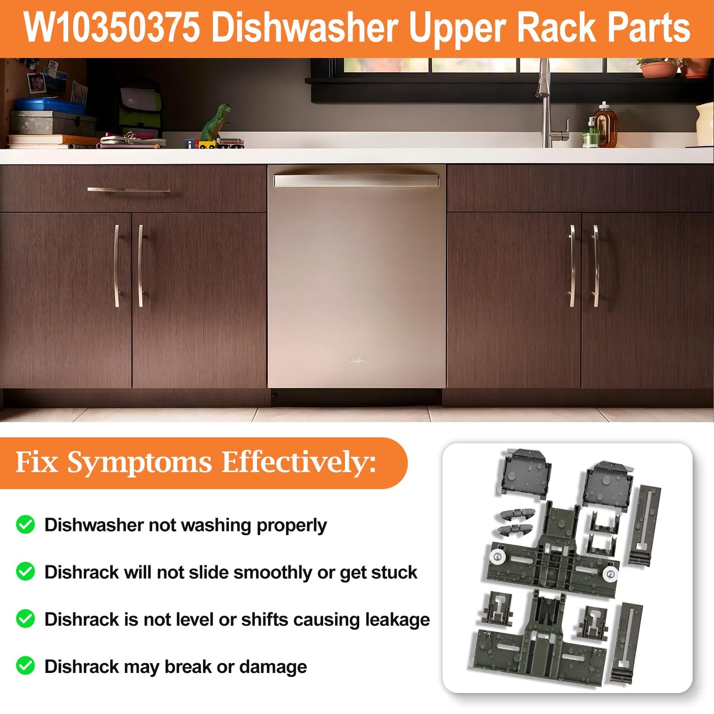 UPGRADED W10350375 Top Rack Adjuster For Whirlpool Dishwasher Top Rack Parts W10712395 WDT970SAHZ0 WDT750SAHZ0 WDT730PAHZ0 Upper Rack Parts, Kenmore Dishwasher Parts, With Dishwasher Adjuster Housing