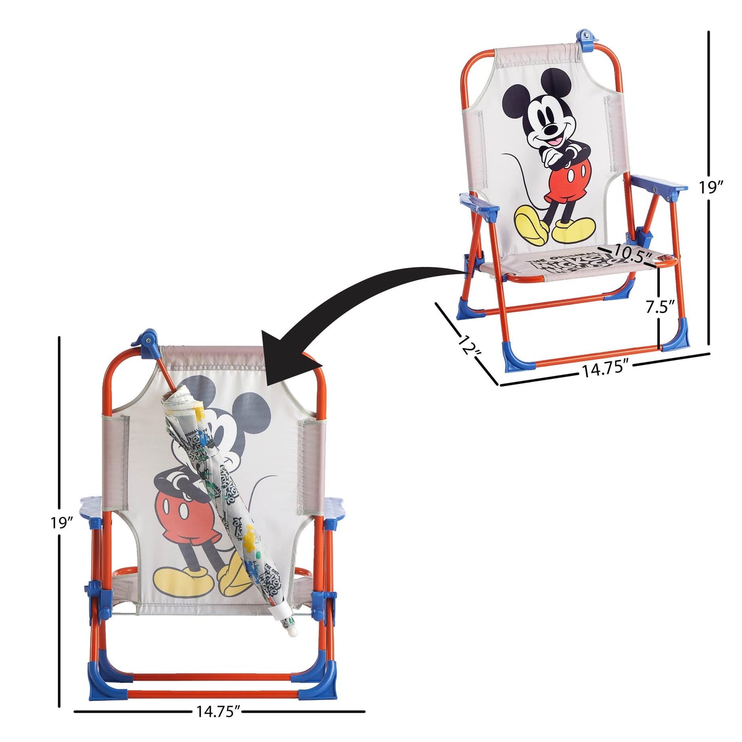 Disney Mickey Mouse Kids Beach Chair with Umbrella,Foldable Portable Toddler Chair with Armrests, Locking Mechanism & Sun Shade