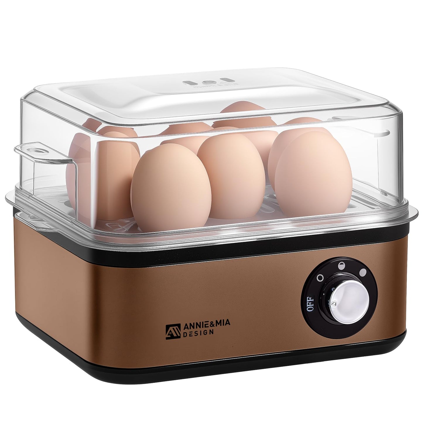 Annie & Mia Design Stainless Steel Electric Rapid Egg Cooker, 8 Egg Capacity 500W, Soft/Medium/Hard Boiled Egg Boiler Poacher Steamer Omelet Maker, Knob Auto Shut-Off, with Recipe Guide Book (Gold)