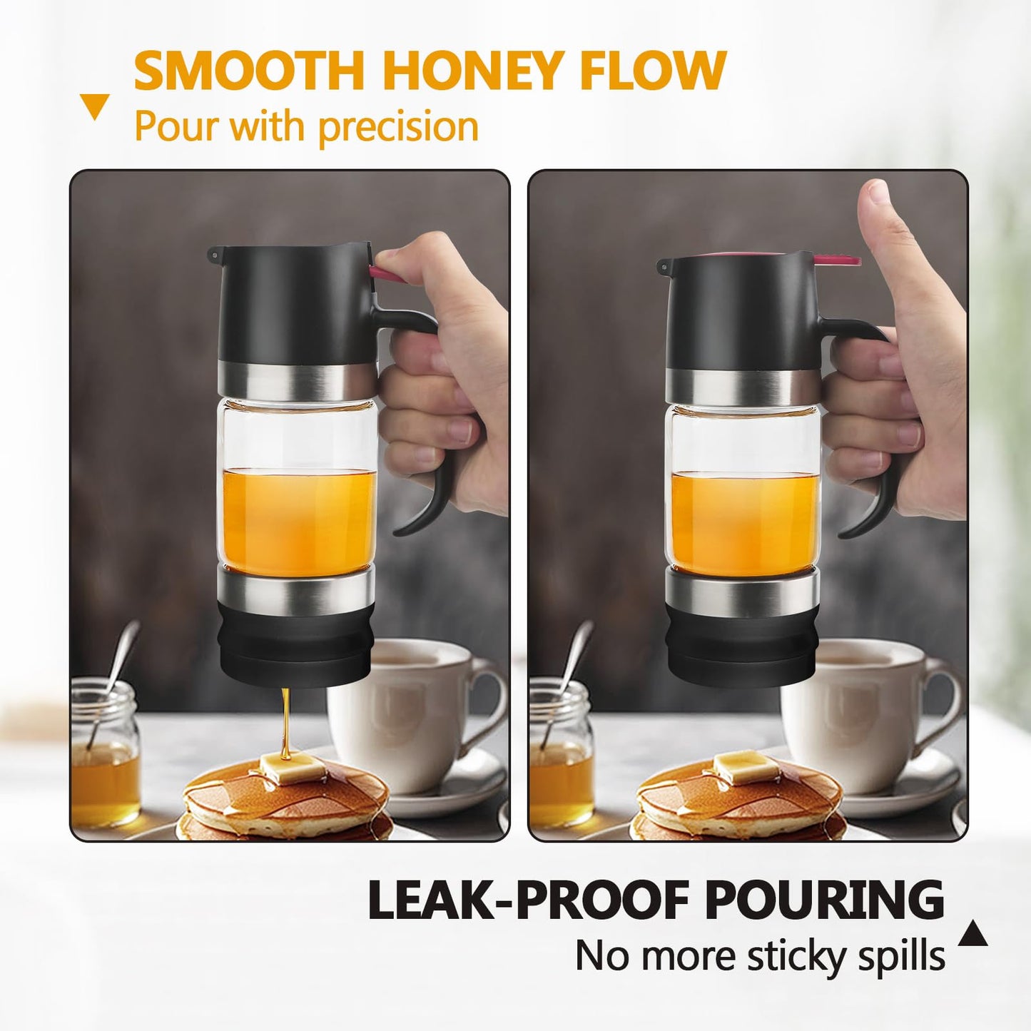 YIYOBEATFO Glass Honey Dispenser,10 OZ Honey Pot with Handle,No Drip Honey Container Jar,Maple Syrup Dispenser,Ideal for Honey and Syrup,Black base