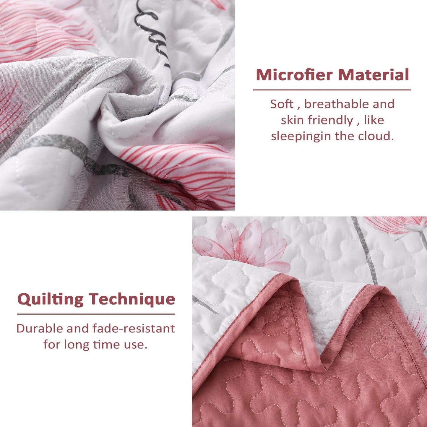 Dinjoy Floral Quilt Set Queen,Pink Bedspread Queen Size 3 Pieces Lightweight Farmhouse Bedding Set Cute Quilts Soft Flower Bedspreads White Coverlet Sets for Girls Women Fall
