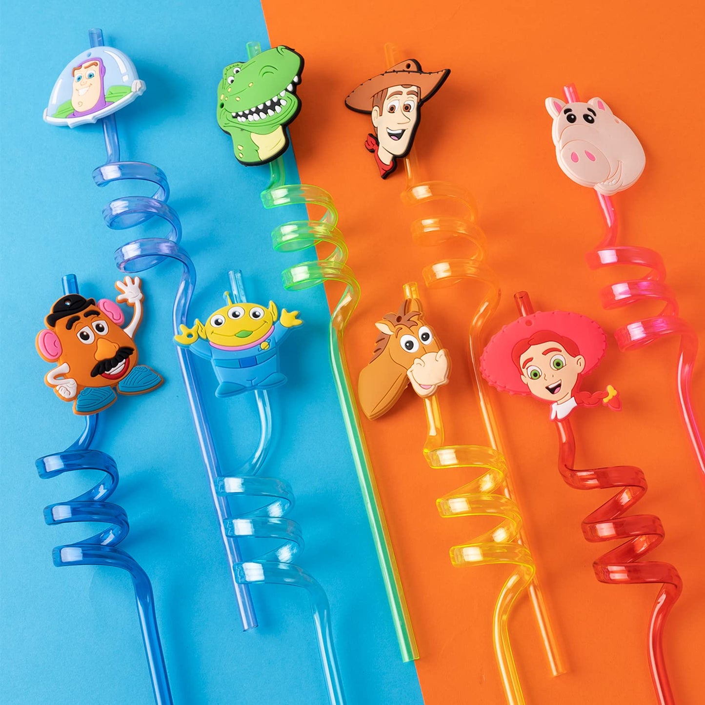 24Pcs Toy Inspired Story Birthday Party Supplies Reusable Drinking Straws,8 Designs Toy Themed Story Party Favors with 2 Cleaning Brushes