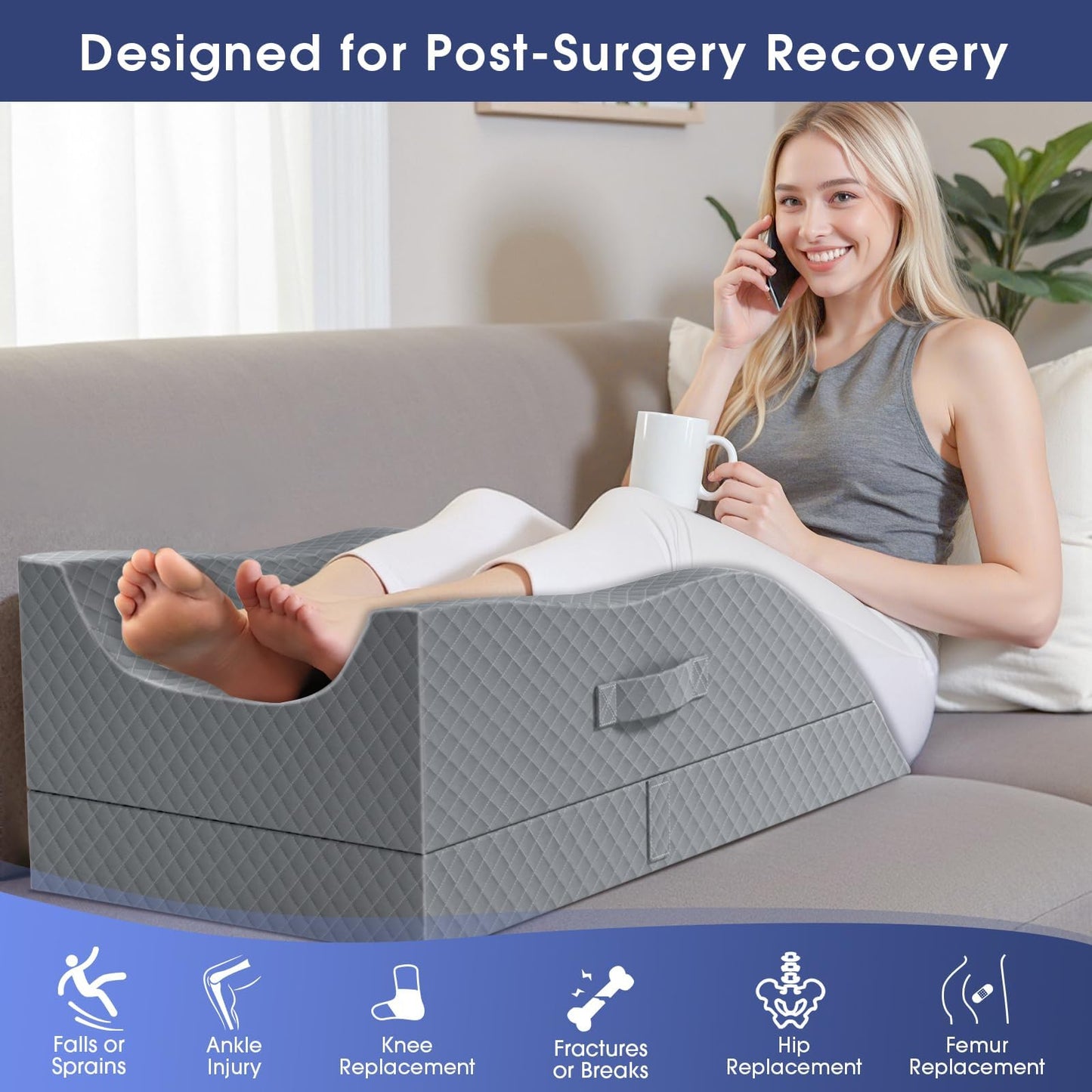 CushZone Leg Pillow, Leg Elevation Pillow with Pad and Memory Foam, Height Adjustable Bolster Pillow for Legs, Leg Pillow Elevation Blood Circulation, for Post-Surgery, Grey
