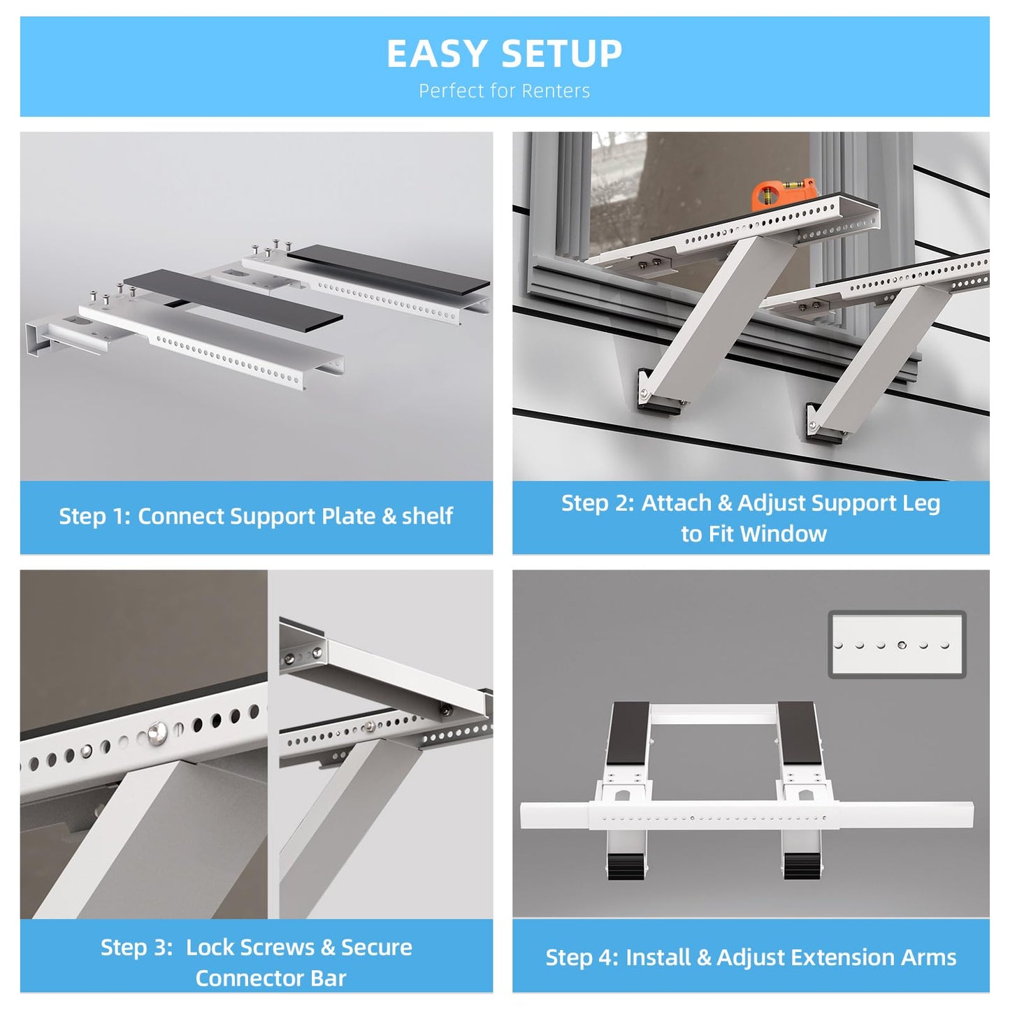 Window AC Support Bracket, No-Drill No-Tool Air Conditioner Support Bracket Adjustable Wall Mount, Heavy Duty Steel Holds Up to 300lbs, Fits Single Or Double Hung Windows, White
