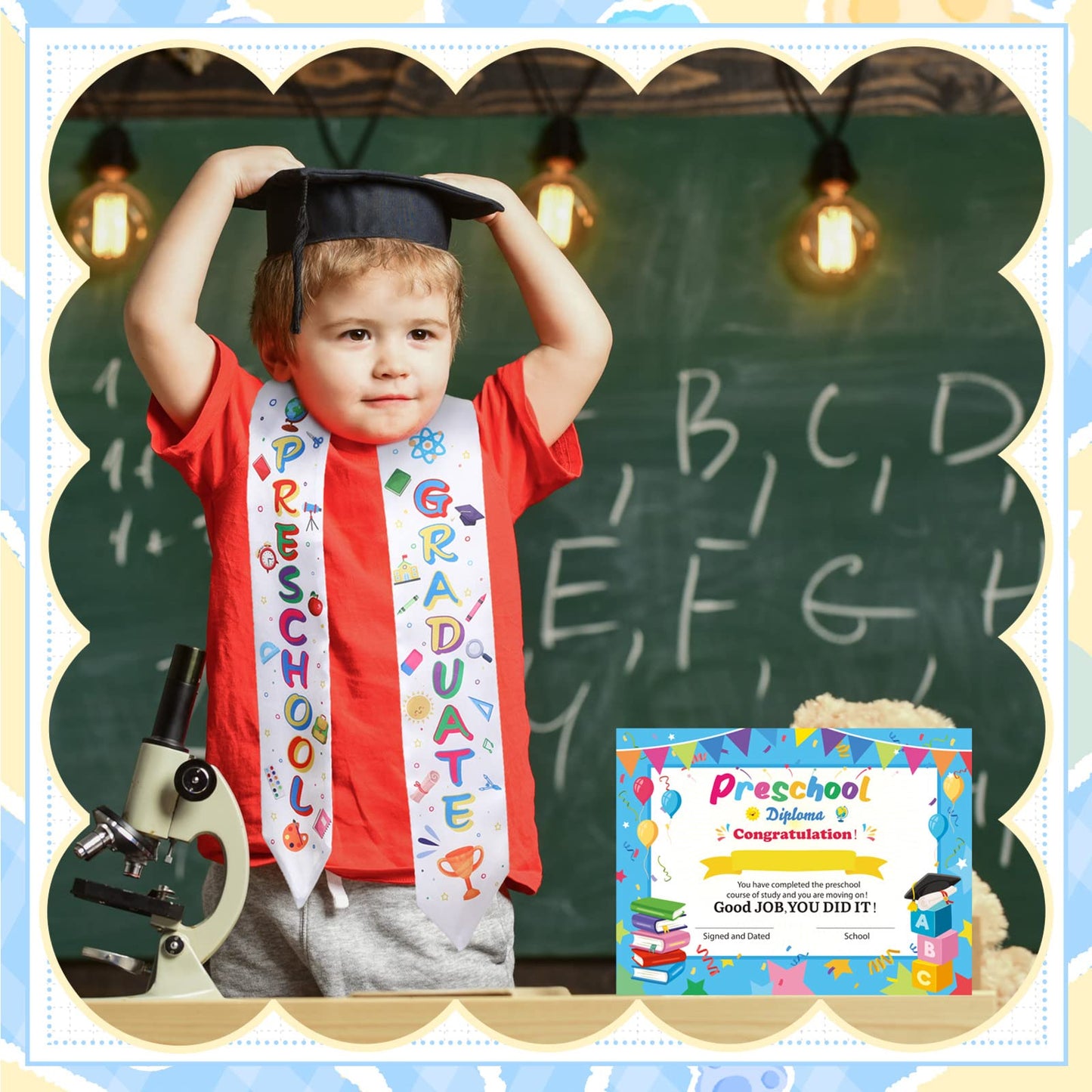 Sureio 24 Pieces Preschool Graduation Gifts Kids Graduation Stole with Preschool Diploma 12 Pcs Preschool Printed Graduation Sash and 12 Pcs Preschool Diploma Unisex Graduation Stole (Preschool)