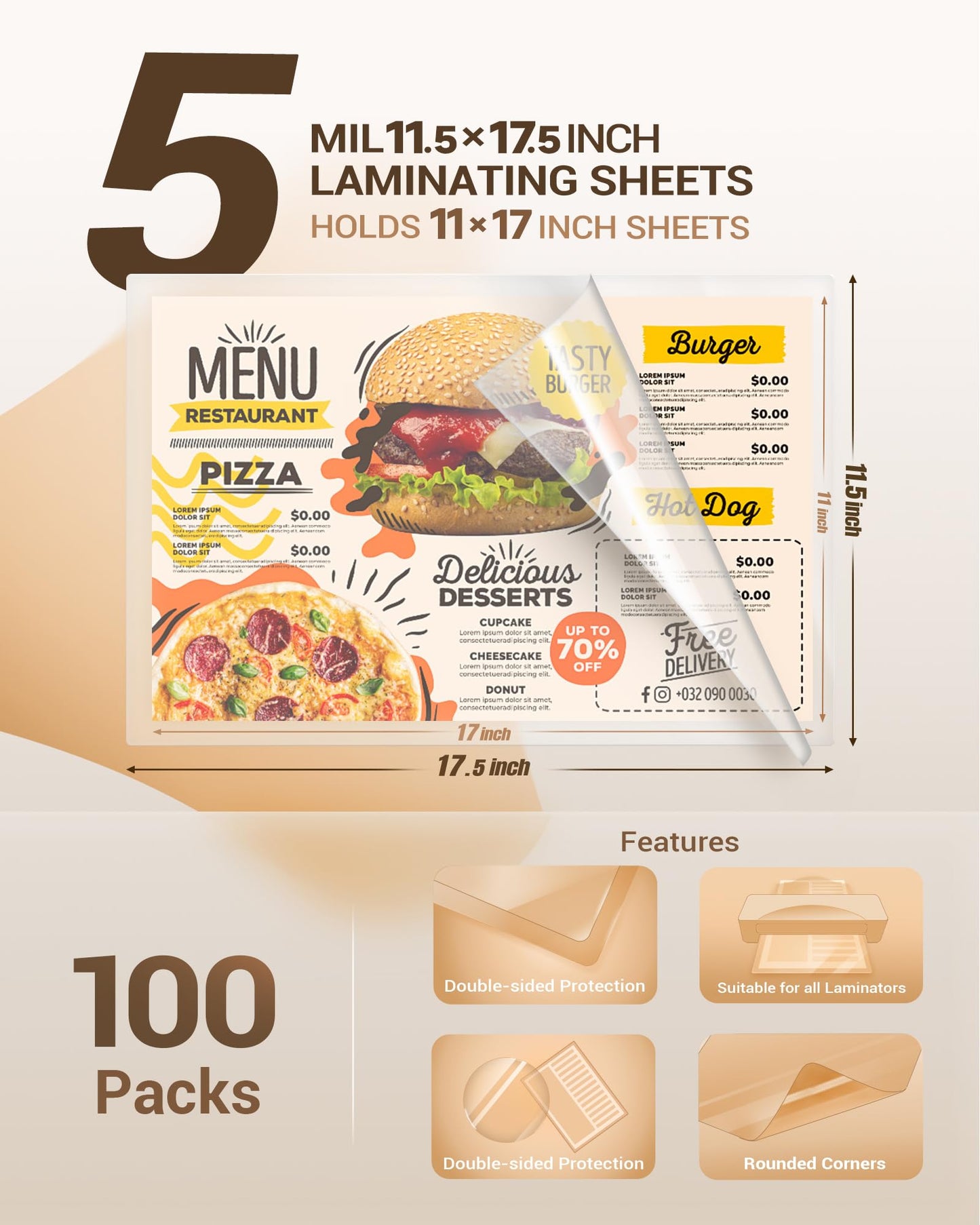 Uinkit 5Mil Heavy-Duty 100 Pack Menu Laminating Pouches, 11.5"x17.5" Sheets for 11x17 Menu, Crystal Clear Thermal Laminating Paper for Restaurant, Cafe, Bistro - Round Corner, Bubble-Free