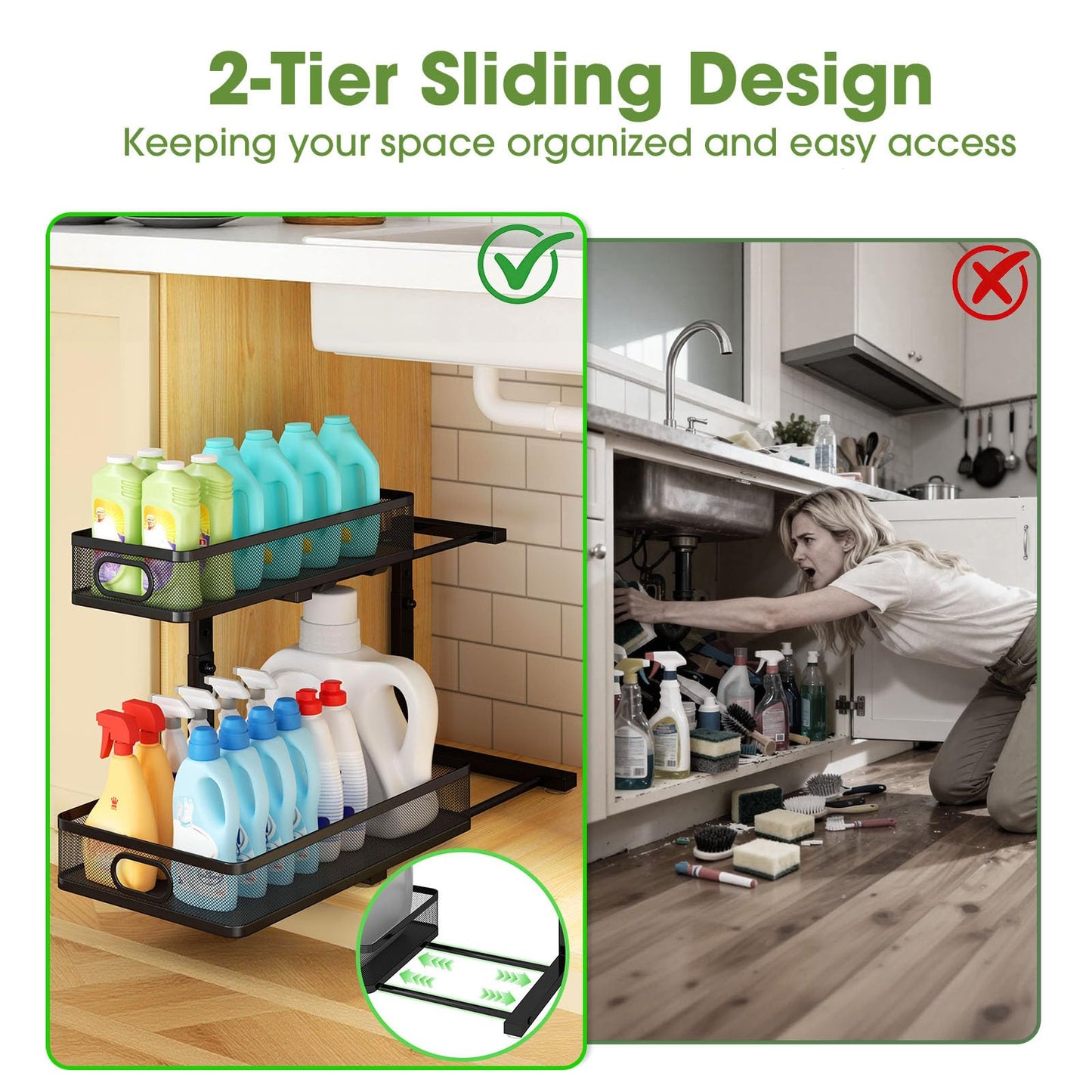 AURIKAR Under Sink Organizer 2-Pack, Metal 2-Tier Pull-Out Cabinet Shelf with Slide-Out Mesh Drawers, Height Adjustable, Space-Saving Under Sink Storage Racks for Kitchen, Bathroom, Laundry Room
