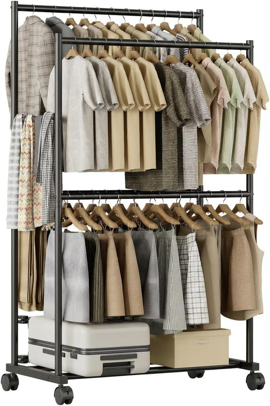Tujurich Clothes Rack - 36.2" x 21.3" x 72", 4-Bar Double Rod Rolling Metal Clothing Rack for Hanging Clothes, Portable Garment Rack with Wheels for Bedroom Laundry, Closet Wardrobe, Black