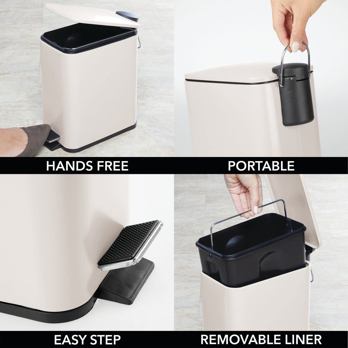 mDesign Rectangular Pedal Bin – 5 L Metal Waste Bin with Pedal, Lid and Plastic Bucket Insert – Household Rubbish Bin for Bathroom, Kitchen and Office – Beige