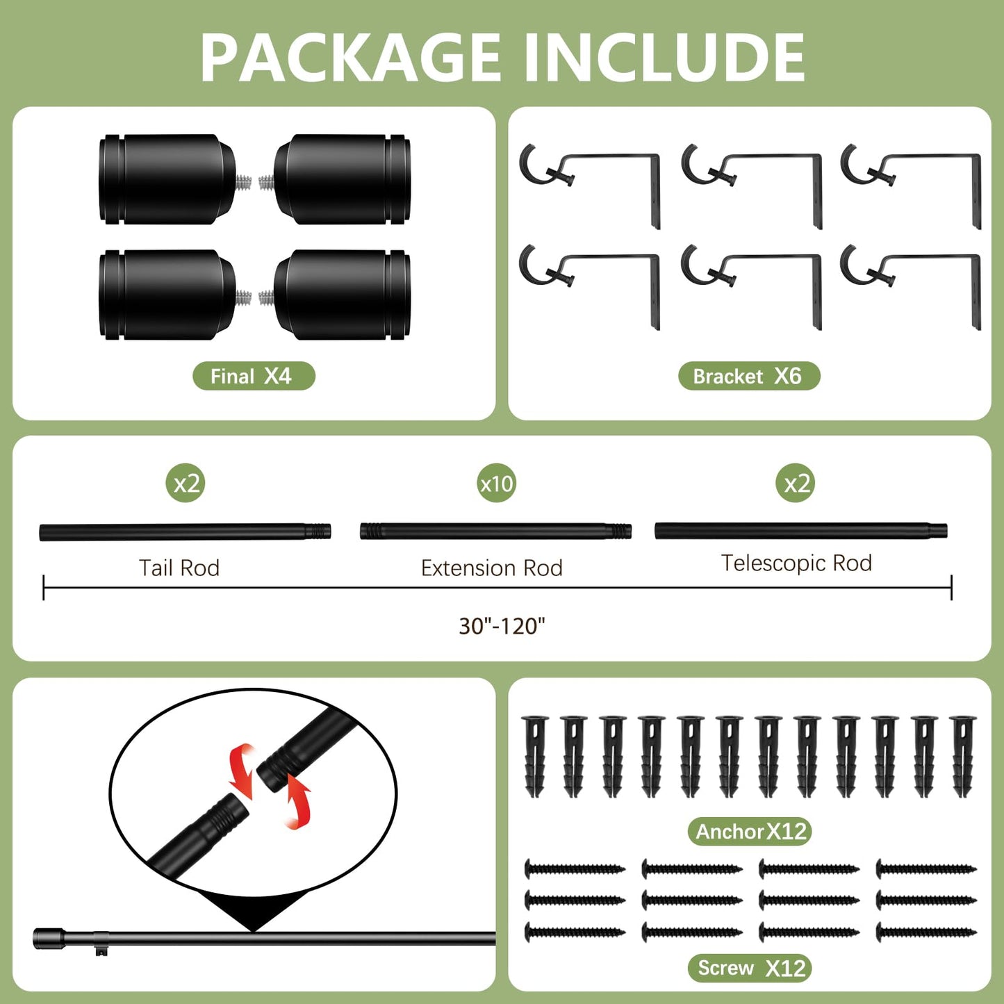 5/8” Diameter Curtain Rods 30-120 Inch, for 30-114 Inch Windows, Adjustable Splicing Black Curtain Rods for Windows with Brackets, Window Rod Long Small Curtains Rod, 2 Pack