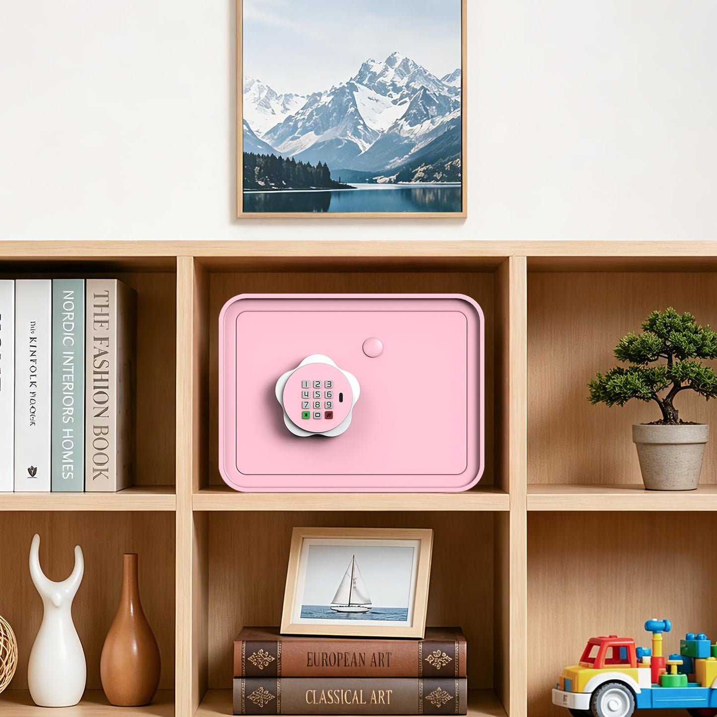 Mini Safe Box for Money Coin Cash-Piggy Bank for Kids, Electronic Small Safes for Boys Girls, Ideal Christmas Birthday Gift, DIY Stickers,Pink