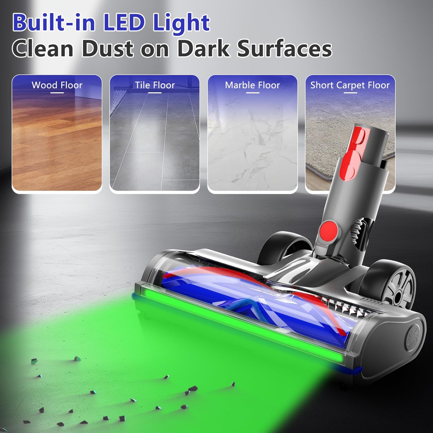 Upgraded 2 Head Replacement for Dy-son V7 V8 V10 V11 V15 Cordless Vacuum Cleaner, Anti-Tangle Motor-Driven Brush Roll with Full-Area LED Light Dust Detection, Quick-Release Attachment for Hard Floors