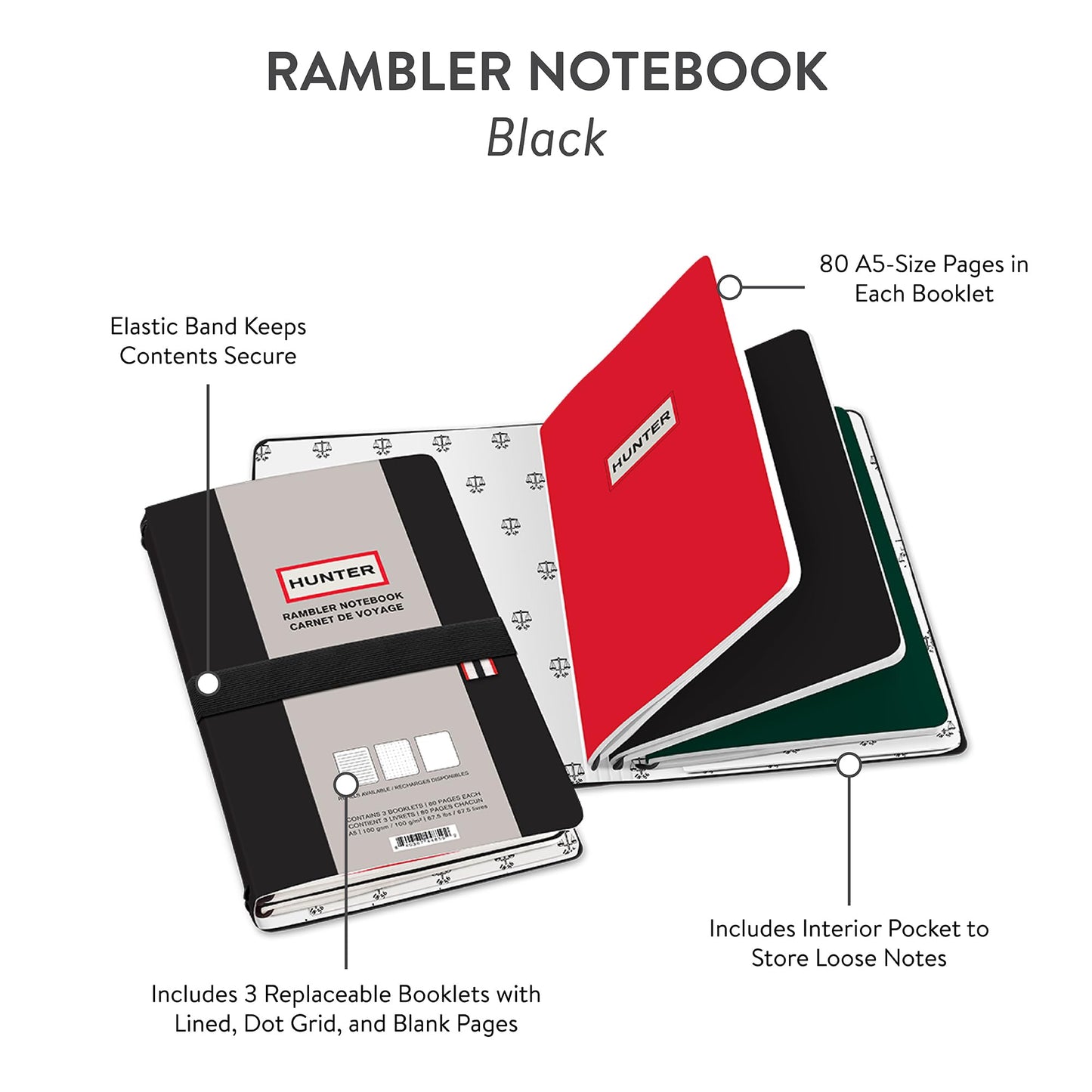 Hunter - Rambler Refillable Notebook, 8.6” X 6” Book with 3 A5 Booklets, 80 Pages Each of Lined Paper, Dot Grid, & Blank Pages for Drawing or Journaling, Elastic Band & Inside Pocket, Black