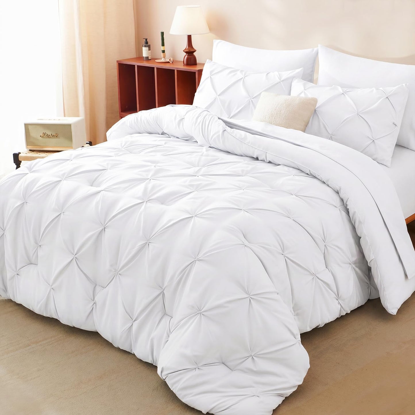 HIMEET King Size Comforter Set White - 7 Pieces Pintuck Bed in a Bag, Pinch Pleat Modern Room Decor, All-Season Soft Bedding Gift with Comforter, Sheets, Pillowcases & Shams