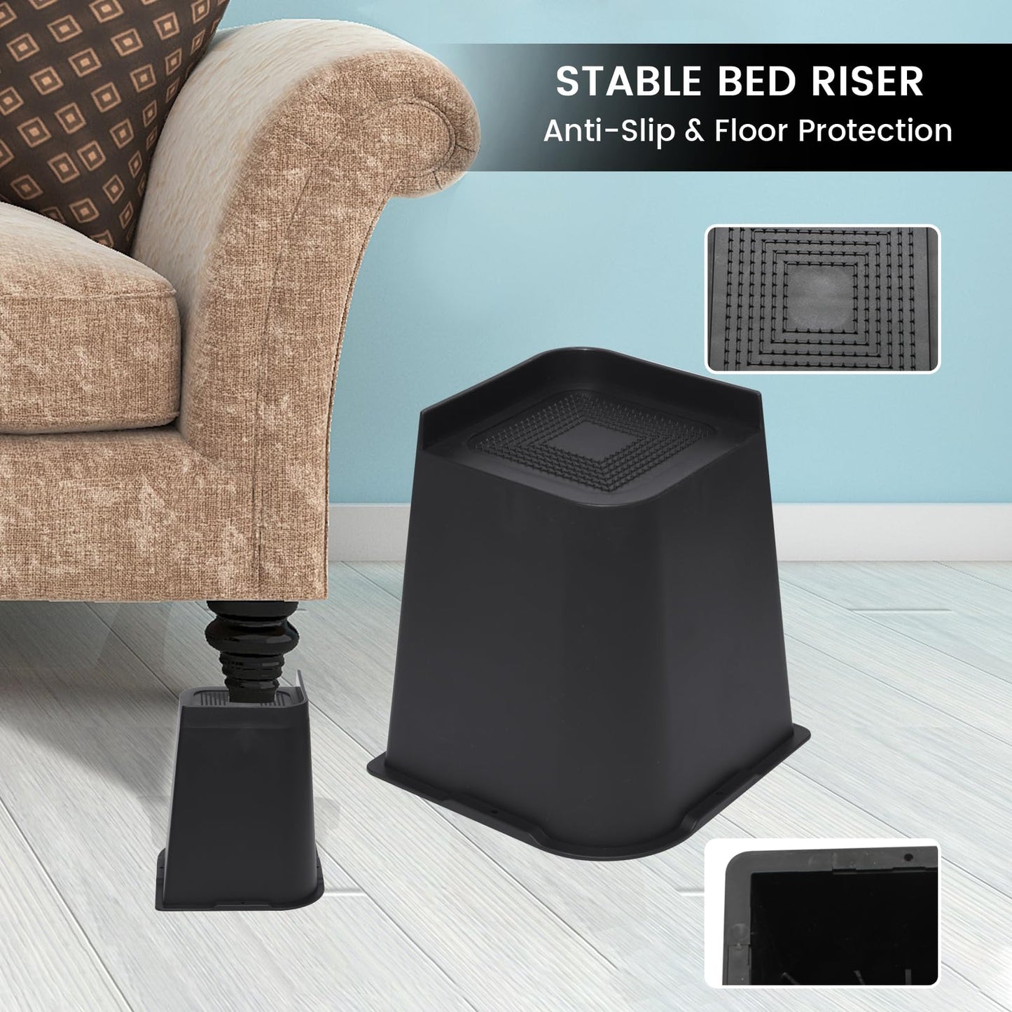 MYMULIKE Bed Risers 8 inch, Oversized Furniture Risers, Support Up to 6000 Lbs, Lift 8 inch for Couch, Sofa, Table,Chair (Black 4 Pack, 8 inch)