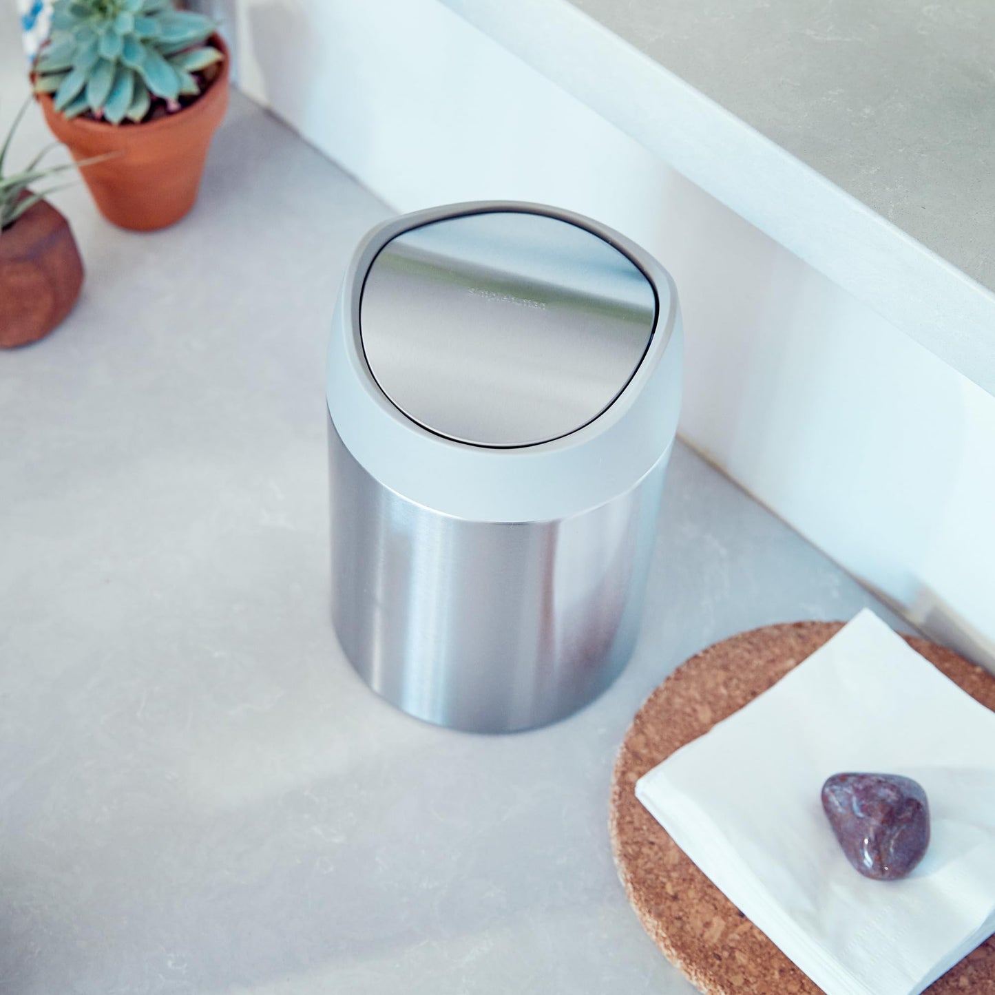 simplehuman Mini Countertop Trash Can, 1.5L / 0.4 Gallon Compact Vanity Trash Can, Balanced Swing Lid, Brushed Stainless Steel