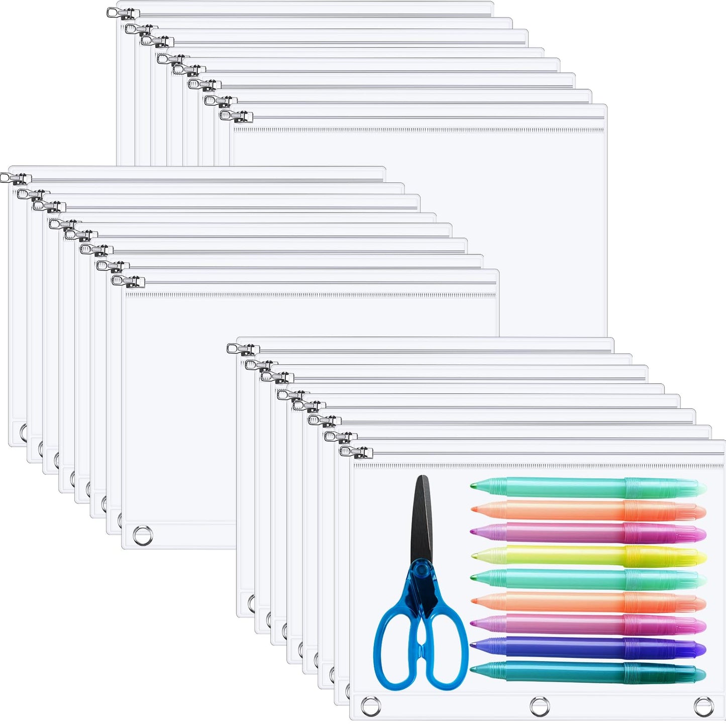 Lincia 48 Pack Clear Pencil Pouch for 3 Ring Binder Pencil Case with Zipper 3 Ring Binder Pocket Insert Bag 10 x 7'' Visible Cash Envelope with Re-enforced Grommet for Office (Clear)