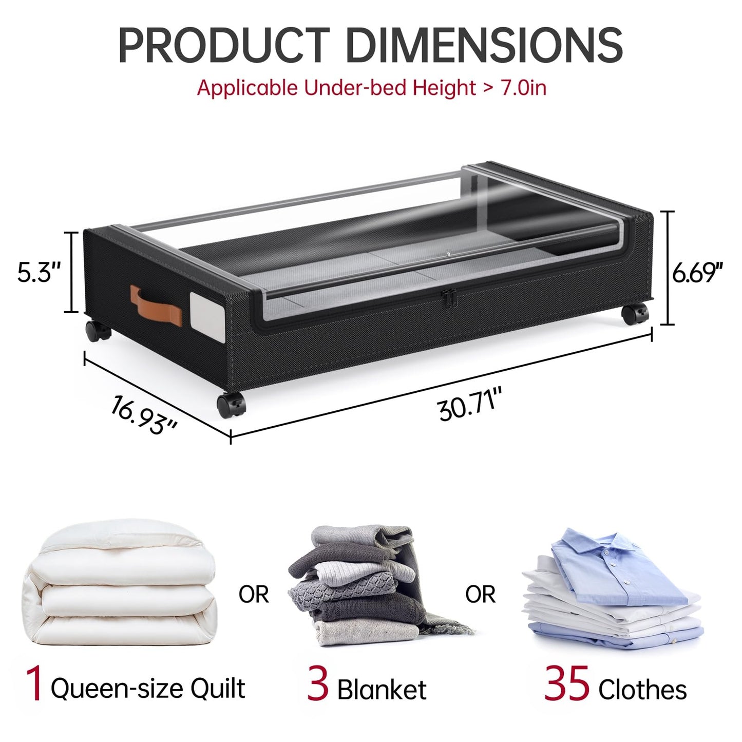 Yecaye 60 L Under Bed Storage with Wheels, 2 Pack Under Bed Storage Containers, Underbed Shoe Storage with Clear Window & Label, Rolling Under Bed Metal Drawer for Clothes, Shoes, Books, Black