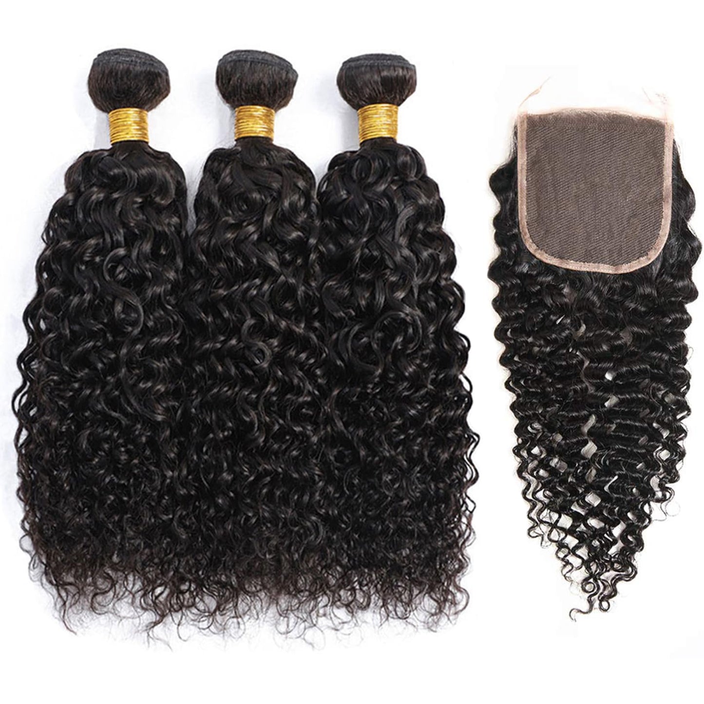12A Curly Bundles Human Hair with Closure (12 14 16+10") Brazilian Curly Hair 3 Bundles with Closure 100% Unprocessed Virgin Kinky Curly Human Hair Weave Bundles with Closure Natural Color