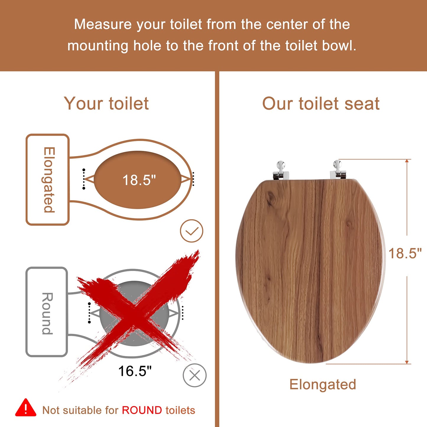 Elongated Toilet Seat Molded Wood Toilet Seat with Zinc Alloy Hinges, Easy to Install also Easy to Clean, Anti-pinch Wooden Toilet Seat by Angol Shiold (Elongated, Natural)