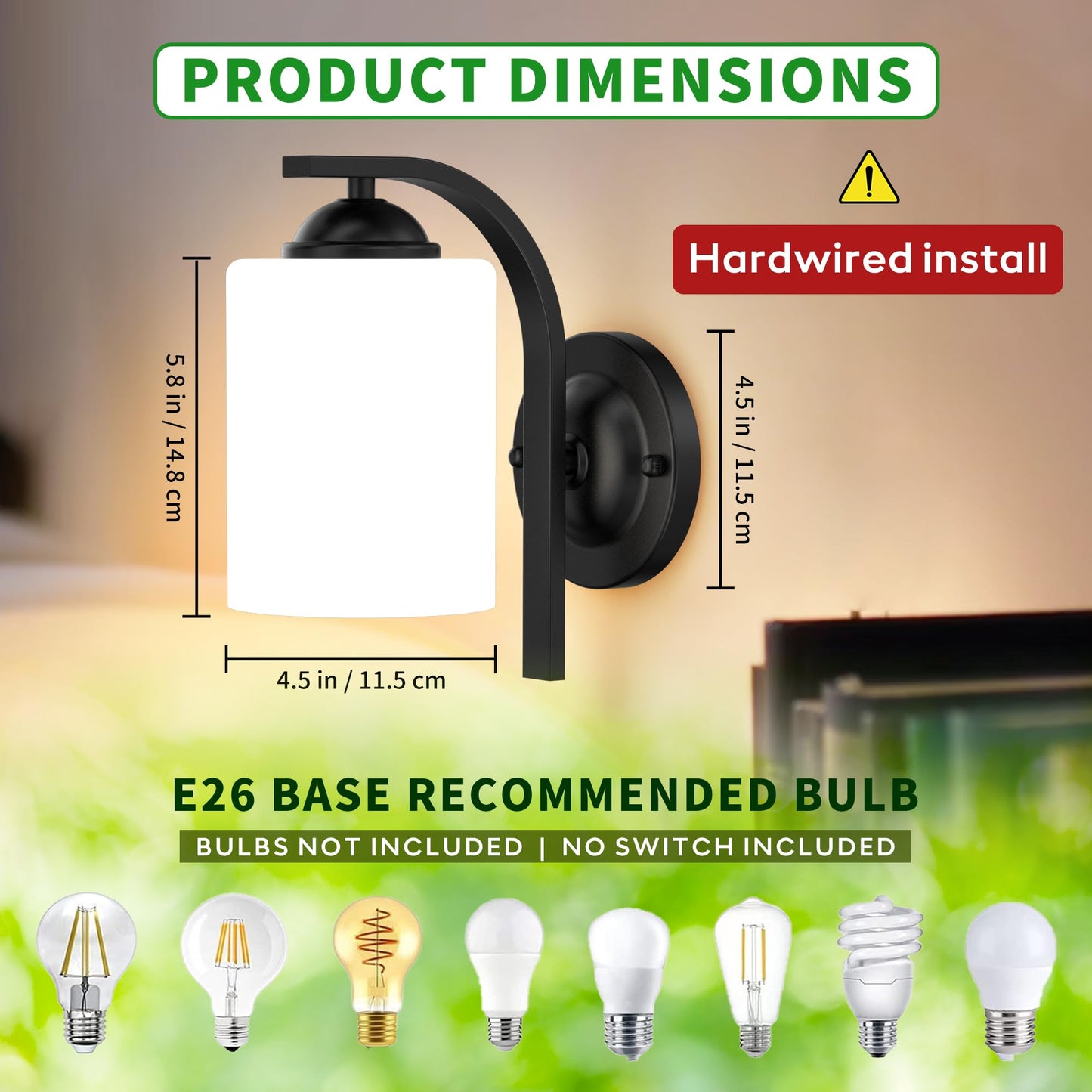 Phaosio 2-Pack Wall Sconces for Bedroom and Bathroom, Matte Black Farmhouse Wall Light Fixtures with Glass Shade, Modern Vanity Wall Lamps for Living Room, Hallway, Kitchen