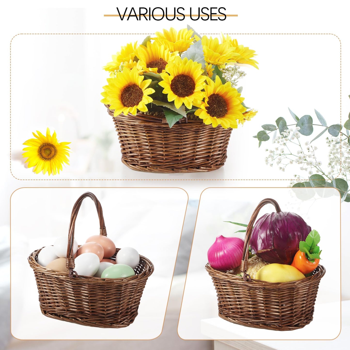 Barydat Small Wicker Basket with Handle Flower Girl Baskets Oval Willow Woven Braided Gift Basket for Weddings Picnic Baby Shower Home Garden Decor(6 Pcs,Brown,9" x 7" x 4")