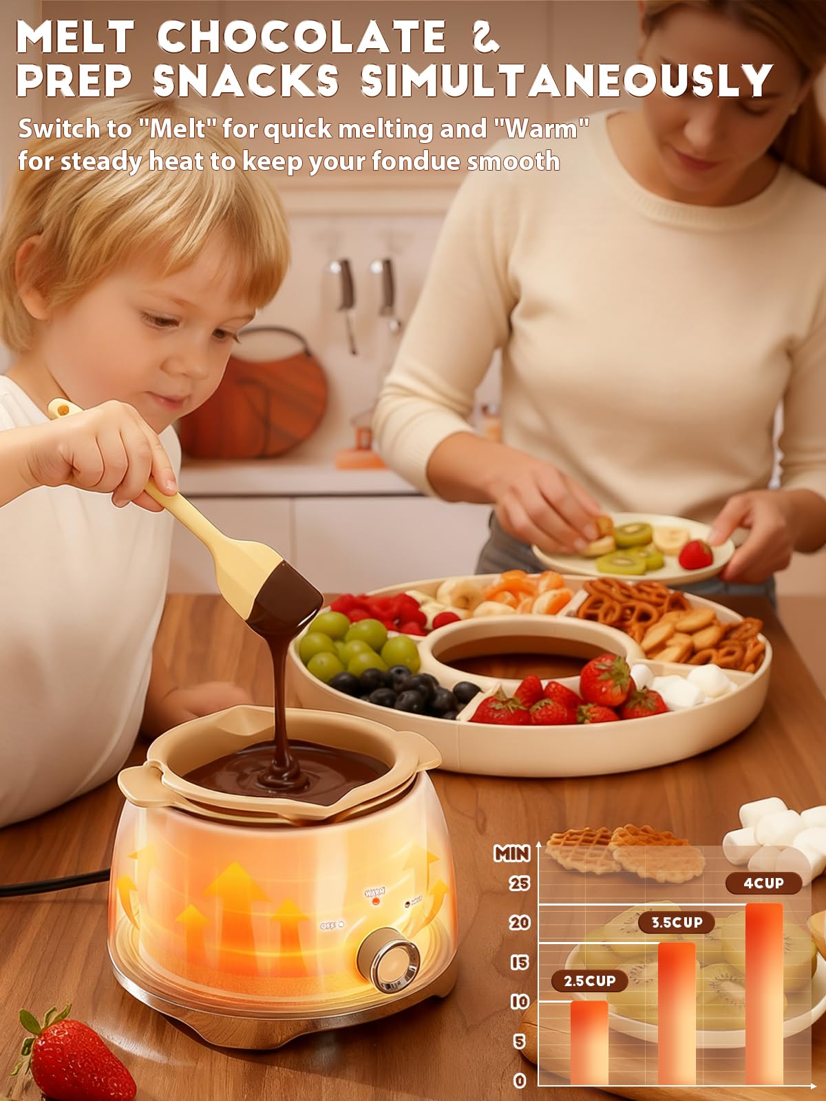 LUSHYUM Chocolate Fondue Pot Set Electric Melting Machine, 4-Cup Capacity 4 Trays 5 Forks 1 Spatula Cheese Warmer, Ideal Gift for Couple Family & Date Night Idea House Warming Holidays Essentials