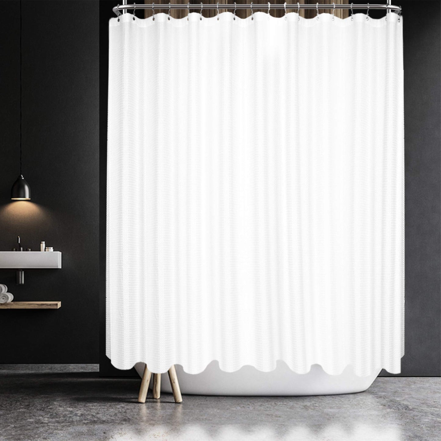 Barossa Design Waffle Weave Clawfoot Tub Shower Curtain 180 x 70 Inch Wrap Around - Heavy-Weighted Fabric to Stop Blowing, Washable, Water Repellent, with 36 Hooks Set, White, 180x70