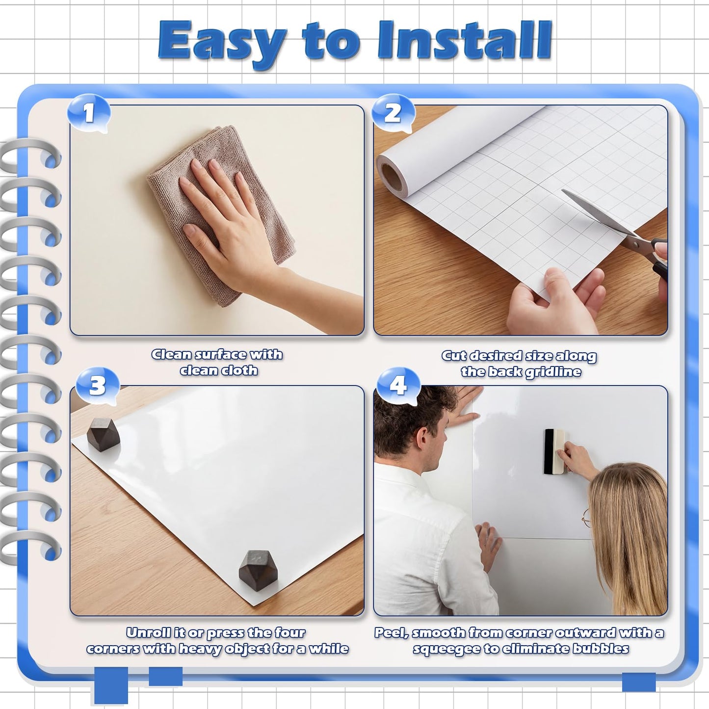 AFMAT Dry Erase Board Sticker, 48 x 36 inches White Board Wallpaper, Dry Erase Sticker for Wall, 4' x 3' Peel and Stick Whiteboard Contact Paper, Adhesive Whiteboard Roll, No Ghost, 4 Markers WS23D