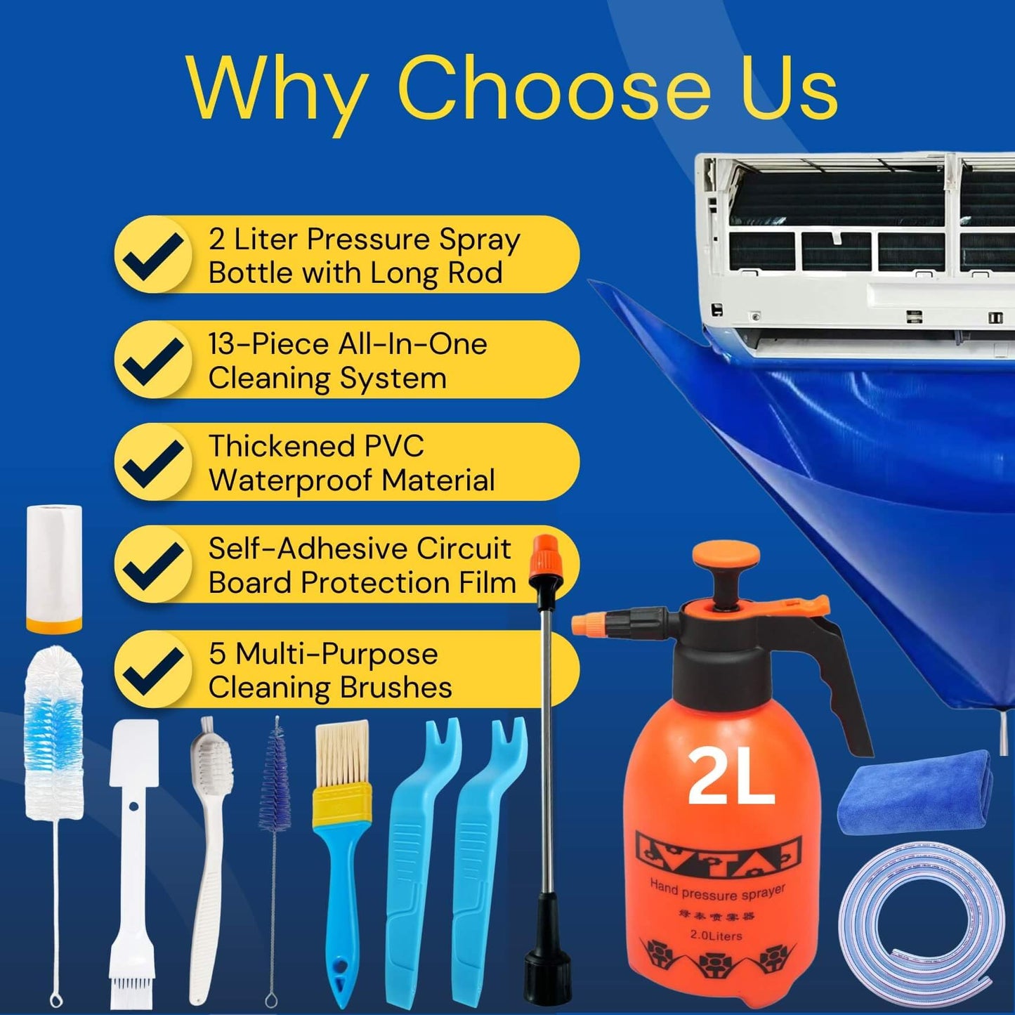 Oiktylr Mini Split Cleaning Kit Bag with 2L High Pressure Sprayer, Air Conditioner Cleaning Kit with Waterproof PVC AC Cleaning Cover Bib with HVAC Cleaning Tools, Large