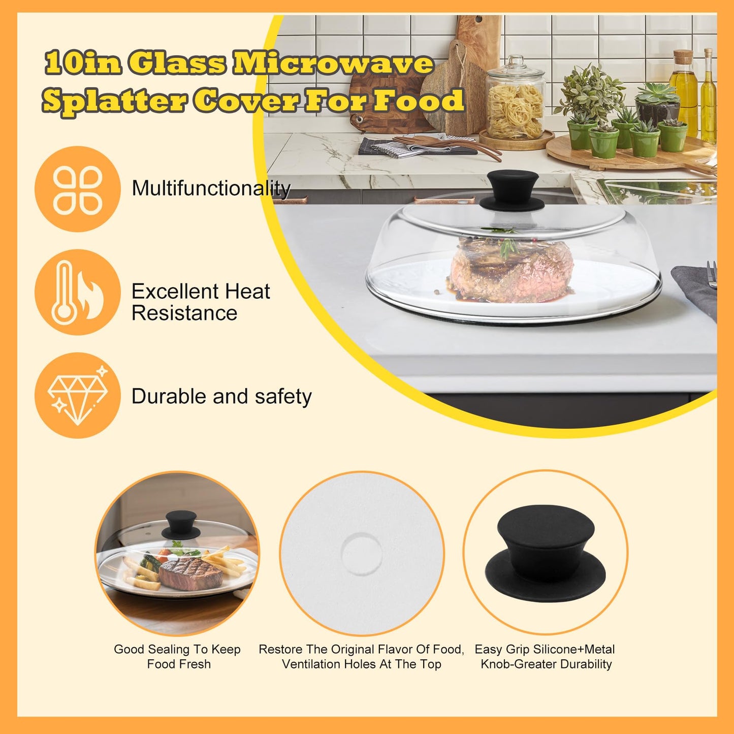 10in Glass Microwave Splatter Cover for Food, 10in Glass Microwave Cover for Food, Microwave Plate Lid with Vent Holes & Easy-Grip Handle, Dishwasher Safe, No Plastic, Food Grade,