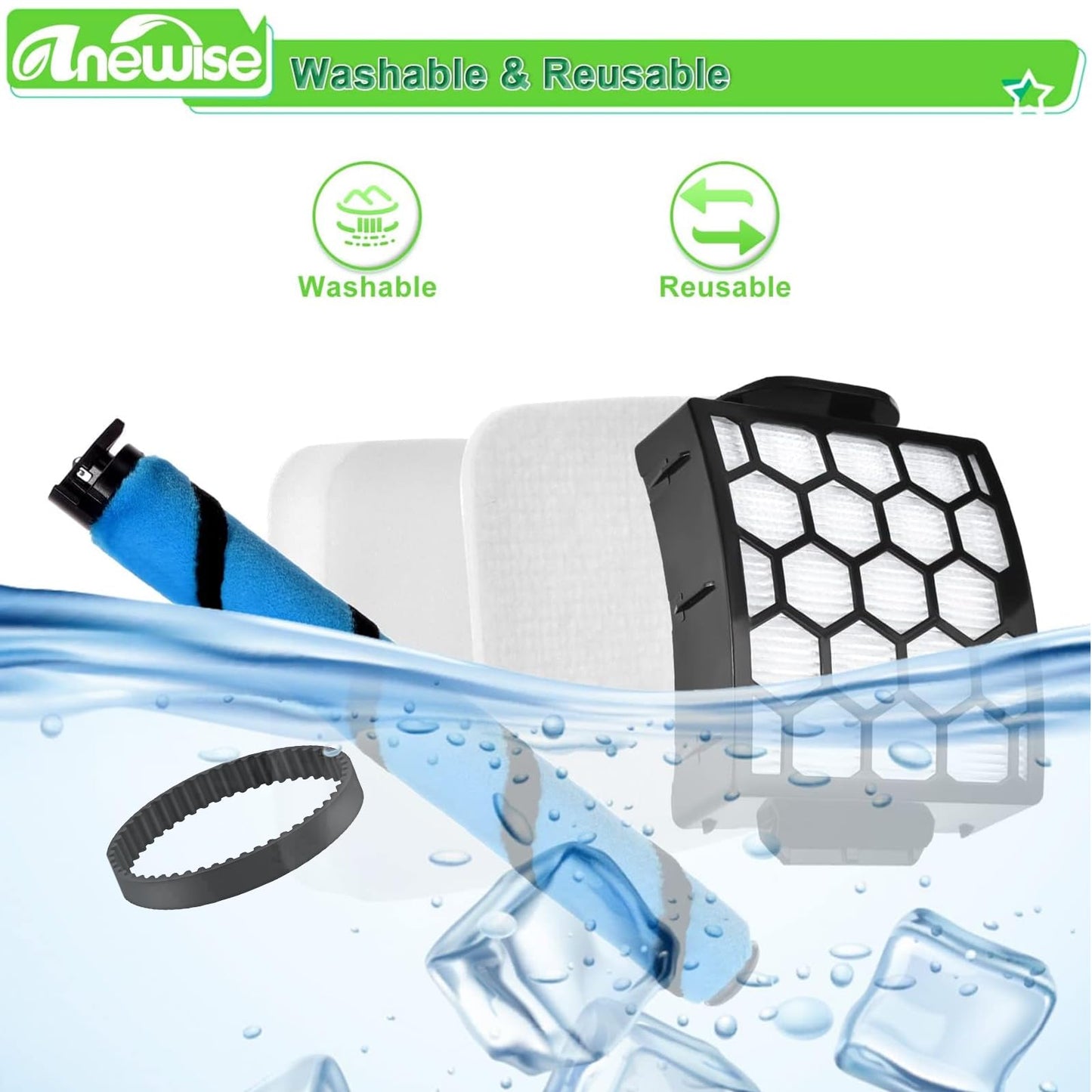 Anewise Filter Brush Belt Replacement Parts for Shark UV850 Performance Lift-Away ADV DuoClean PowerFins Upright Vacuum, 1 Brush Roll+2 HEPA +4 Filters+2 Belts, Part #1483FC2000 & XHF320 & XFFK602UKT