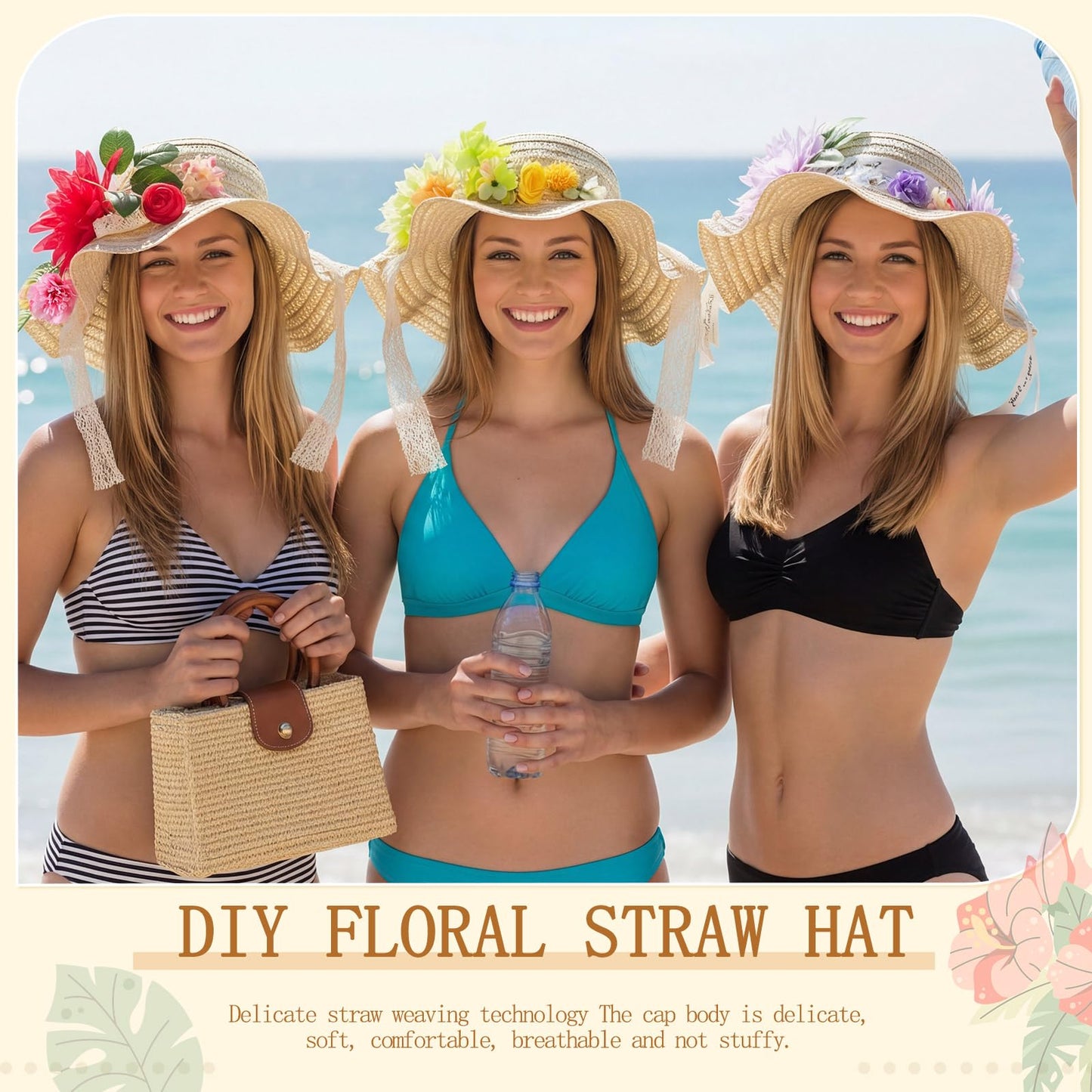 Funnysoft 6 Sets DIY Tea Party Straw Hats Kit DIY Straw Hat for Women Blank Sun Hats with Faux Flower Lace Ribbon for Adults Dress Up Party Camping Picnic Beach Trip Favor Crafts (Vivid Flower)