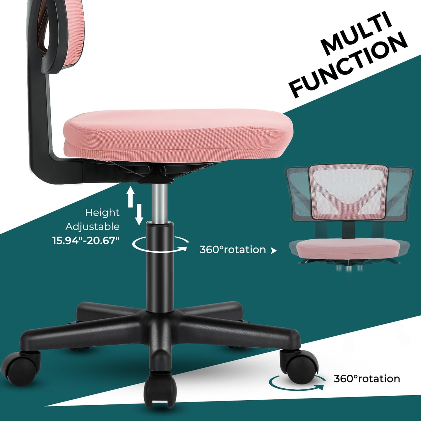 DUMOS Small Office Chair Armless, Ergonomic Adjustable Home Office Swivel Rolling Task Chair No Arms, Comfy Mesh Mid Back Computer Work Vanity Desk Chiars with Wheels for Small Spaces, Hot Pink