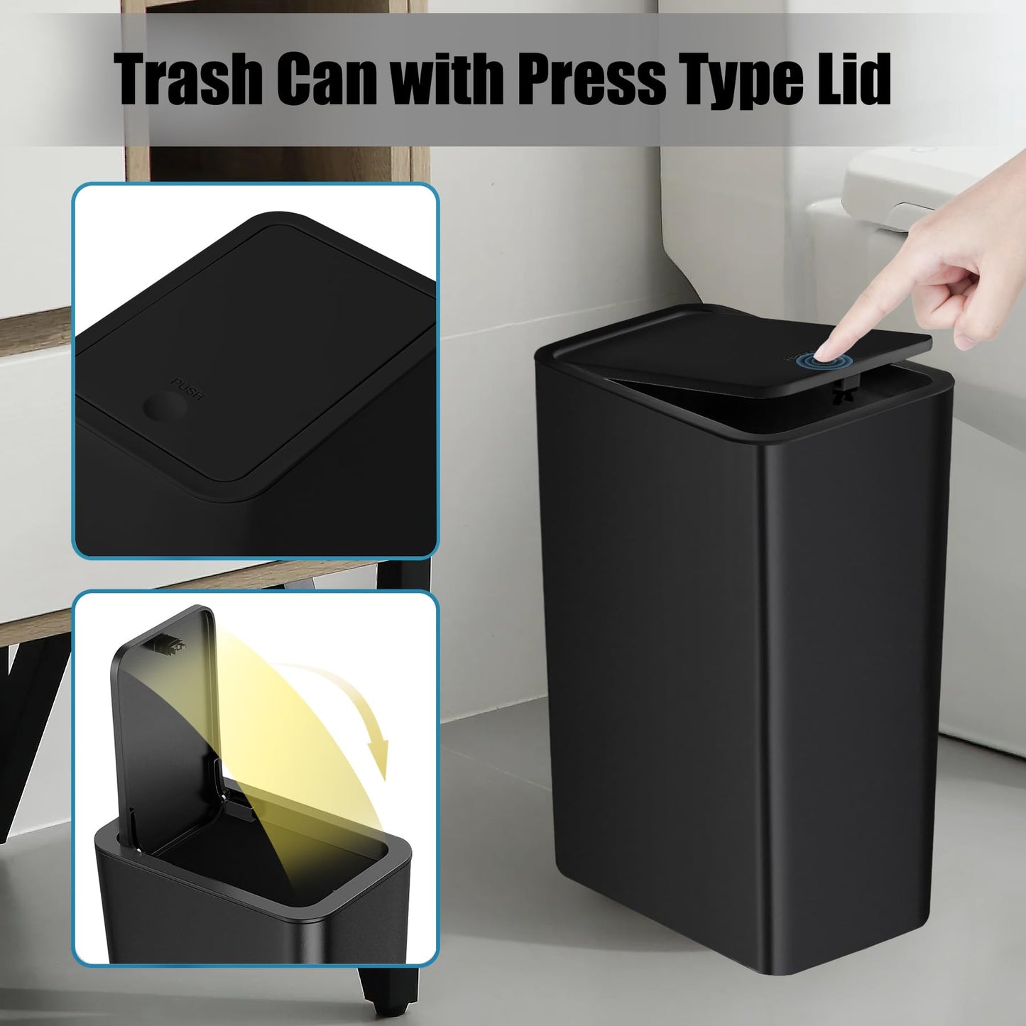 TIPGO Bathroom Trash Can with Lid, 10 Liter/ 2.6 Gallon Slim Garbage Can, Small Trash Bin Waste Basket with Pop-Up Lid for Kitchen, Bedroom, Living Room, Office (2 Pack, Black)