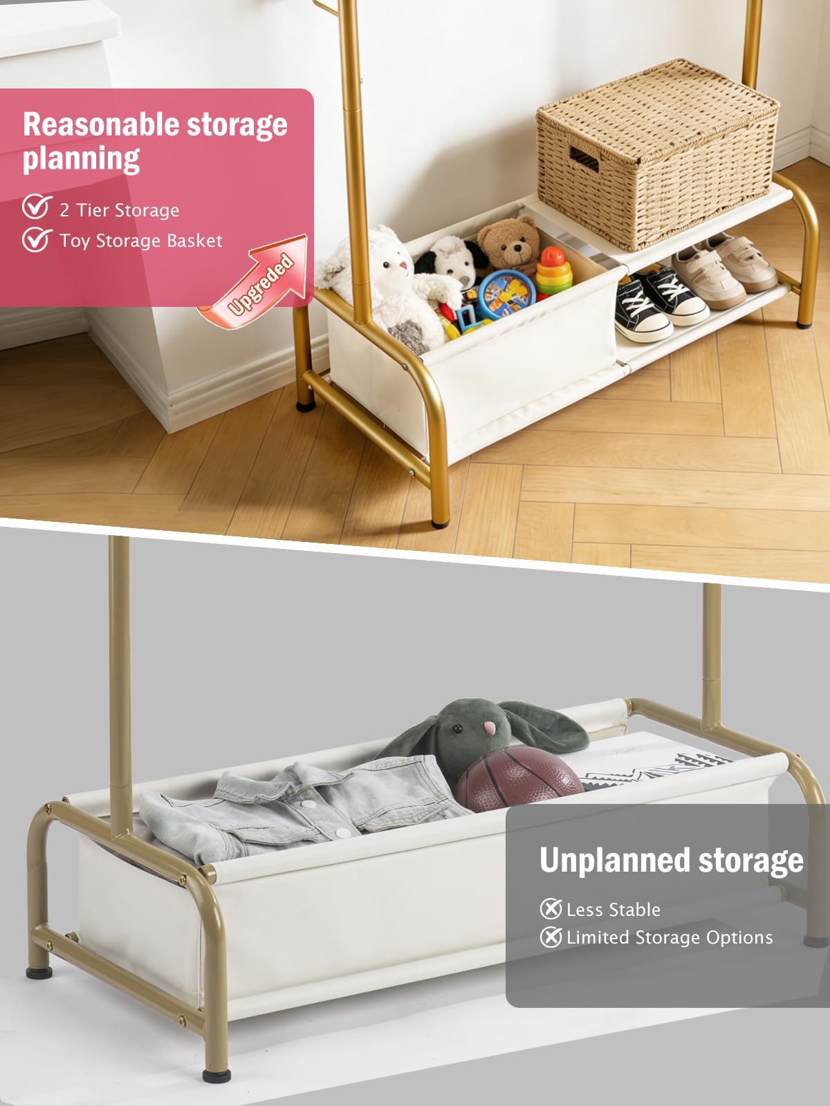 Atrastout Kids Clothing Rack-Portable Kids Clothing Rack with Storage Shelf - Toddler Garment Organizer for Baby Clothes, Dance Costumes, Girls Gift Ideas(gold)