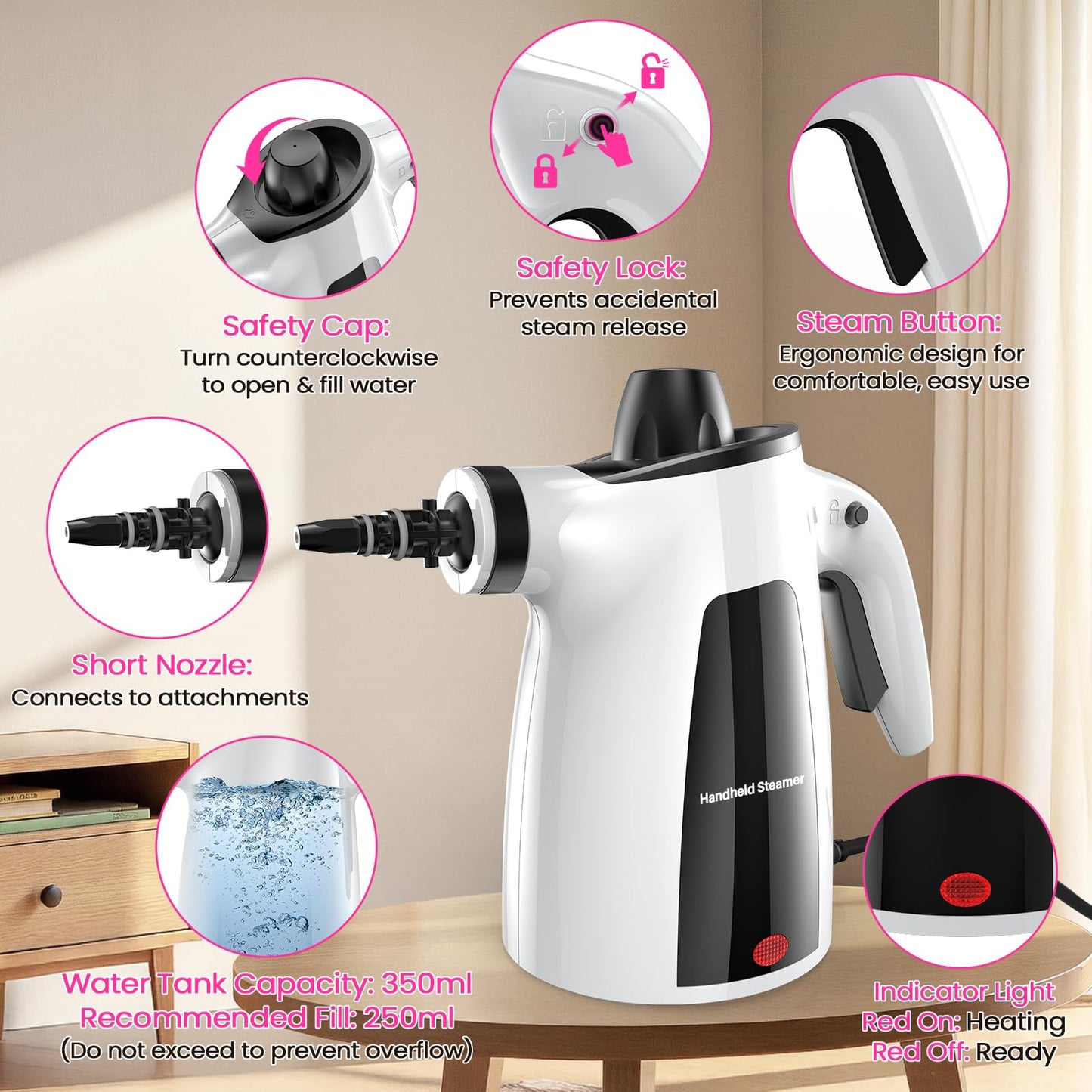 Steam Cleaner, Pressurized Handheld Multi-Surface Natural Deep Cleaning Steamer, 11pcs Accessory & Safety Lock, Portable Steamer for Cleaning Home, Kitchen, Bathroom, Car, Upholstery, Grout, Window
