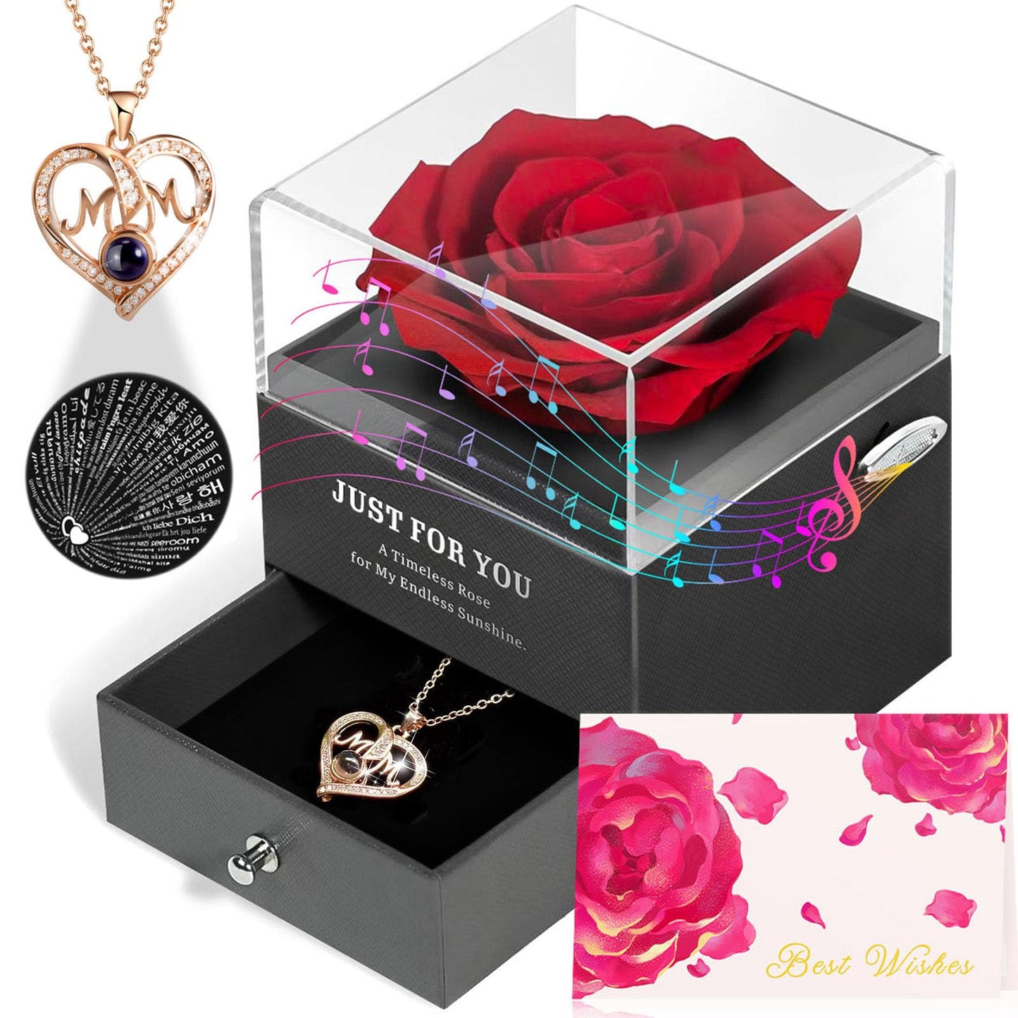 ADDWel Gifts for Mom Birthday Mothers Day, Real Preserved Rose Gift with I Love You Mom Necklace and Music Box You are My Sunshine, Timeless Elegant Gifts from Husband Son or Daughter for Moms Bday