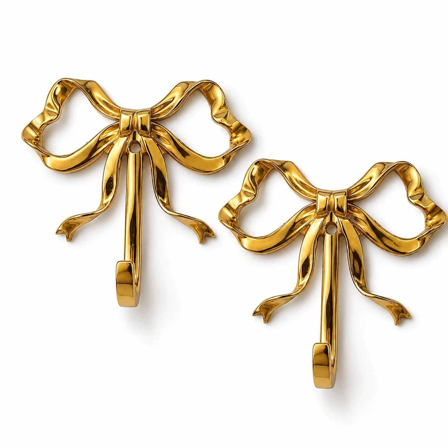 LOGOFUN 2pcs Gold Bow Wall Hooks Brass Bow Hooks for Hanging Coat Hat Towel Key Decorative Brass Bowknot Wall Mount Hooks for Bathroom Bedroom Living Room Large (3.62X3.54X0.79in / 9.20X9.00X2.00cm)