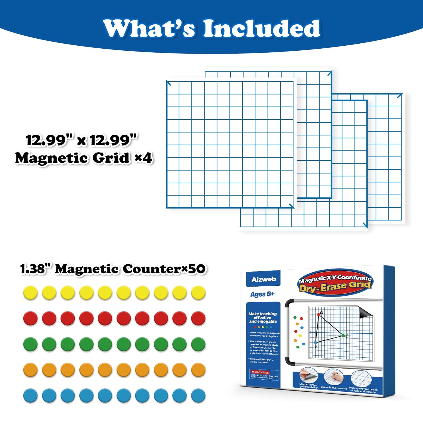 Aizweb Giant Magnetic XY Coordinate Dry Erase Grid,26" x 26" Graph Board for School Classroom Supplies,Magnetic Whiteboard with Counters,Math Manipulatives for Teacher Education