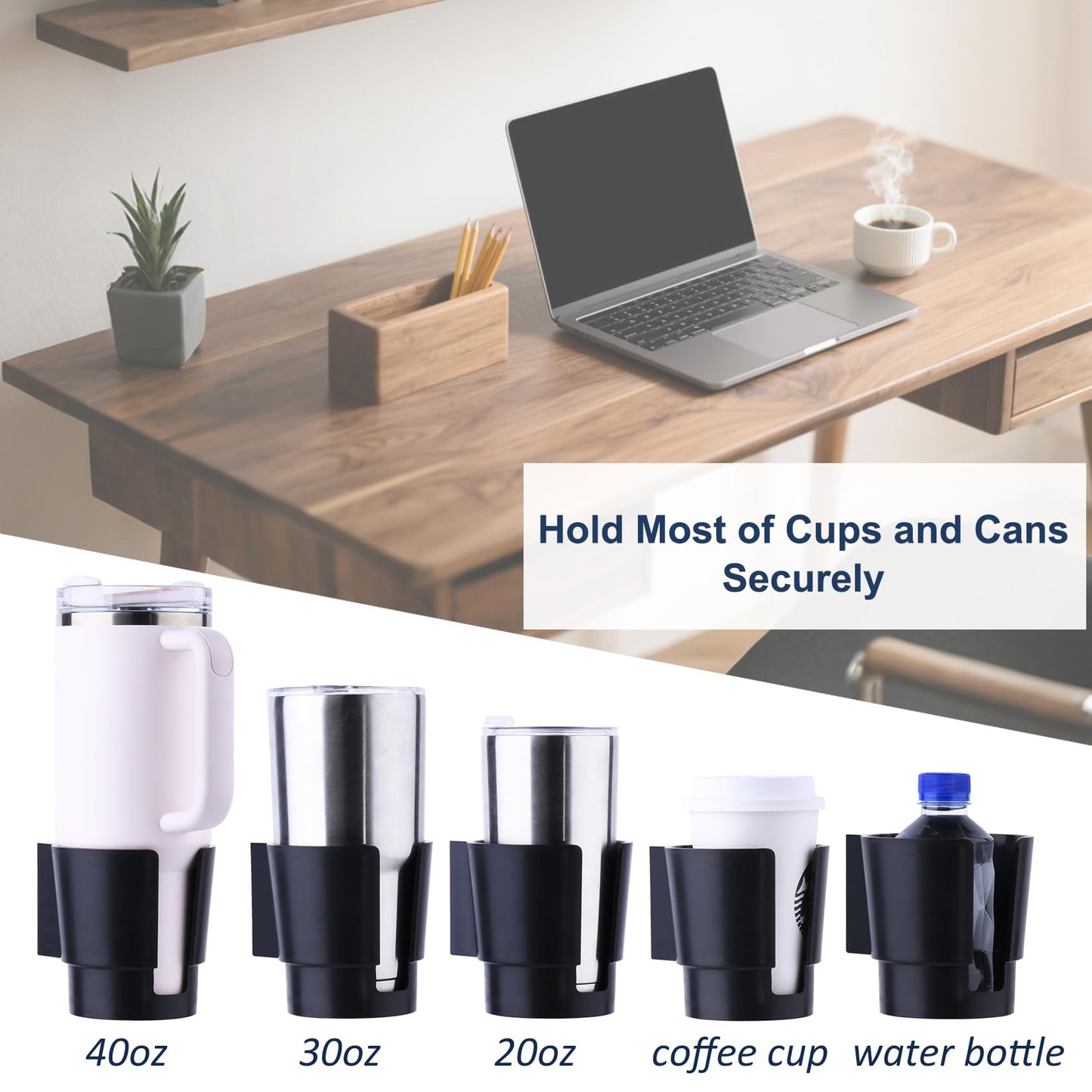 Universal Large Desk Cup Holder Clamp on, Heavy Duty Plastic Drink Holder for Table, Porch Swing, Patio Chair, Clip On Anti-Spill Bottle Holder for Most Cups, Bottles, Cans, Tumbles, Black, Pack of 2